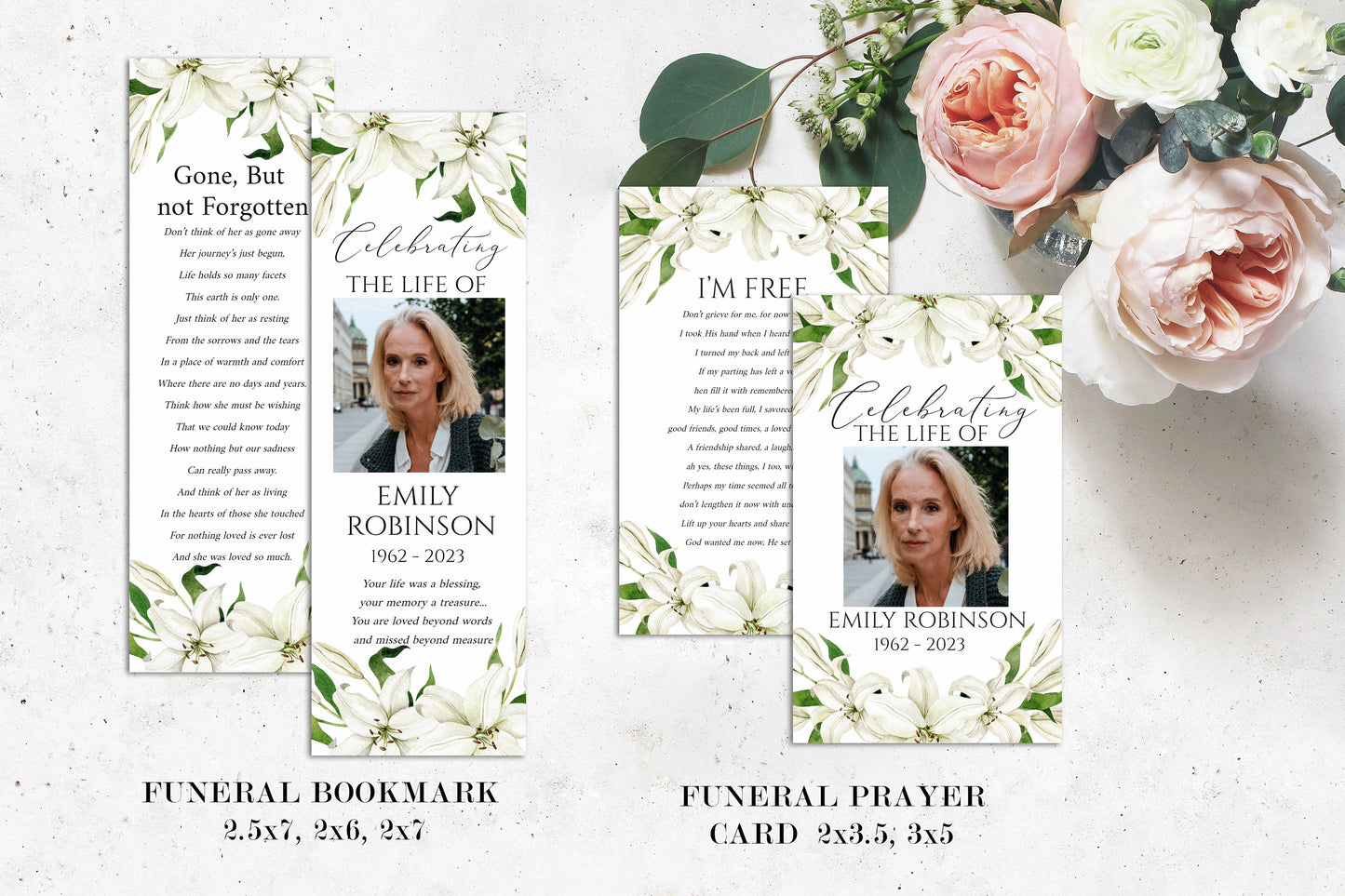 Editable Celebration Of Life White Lilies Greenery Gold Funeral Bundle Set, Celebration of Life Package, White Lilies Greenery Funeral Templates Bundle, White Lilies Funeral