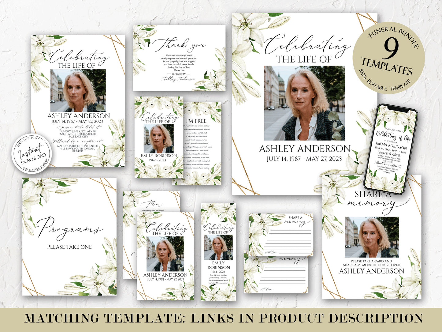 Celebration Of Life White Lilies Greenery Gold Funeral Welcome Sign Template, In Loving Memory Welcome Sign, White Lilies Memorial Sign, White Lilies Funeral Poster