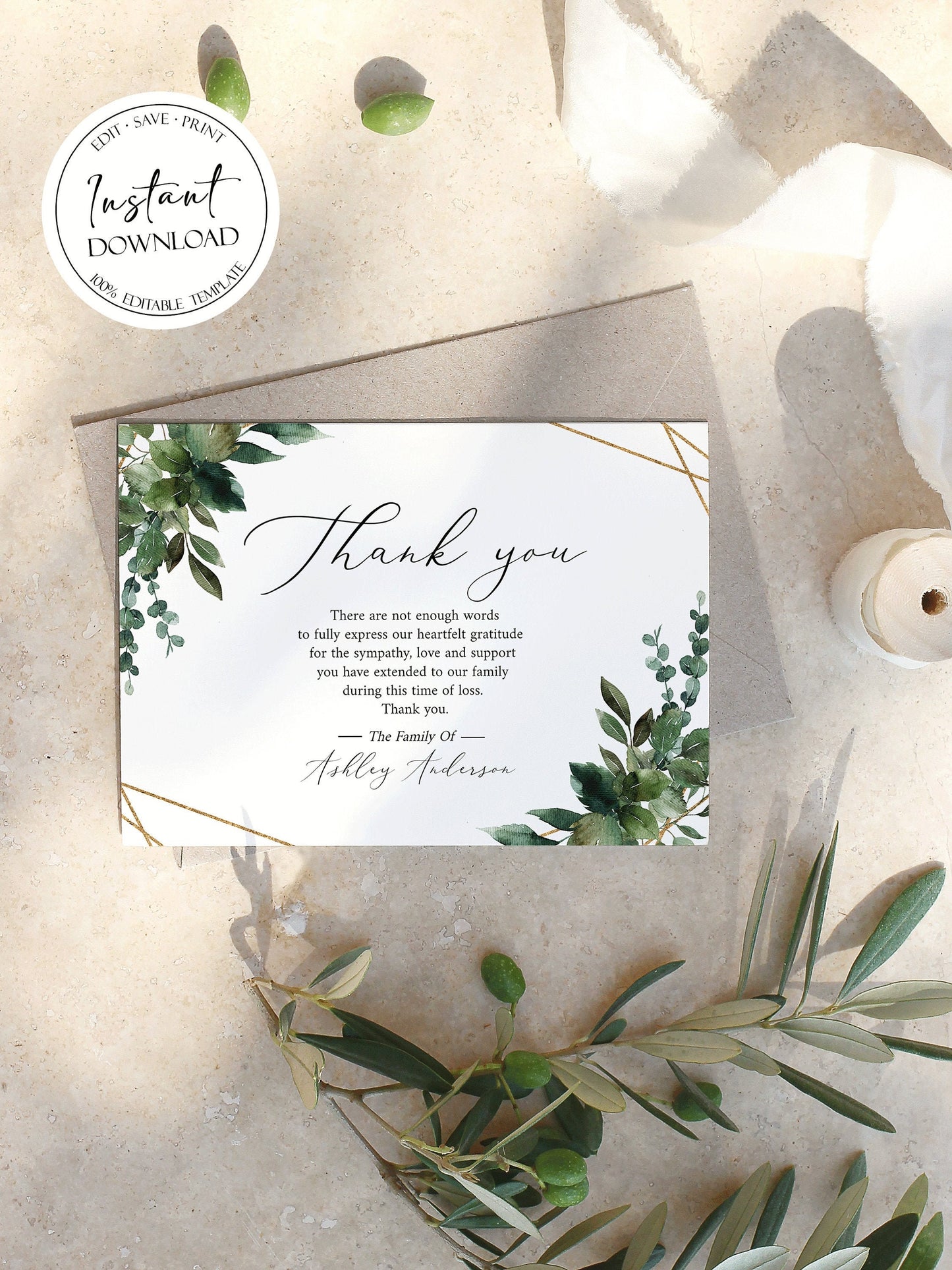 Celebration of life Watercolor Greenery Gold Funeral Thank You Card Template, Memorial Card, Printable Thank You Card Template, Editable Sympathy Card Q1