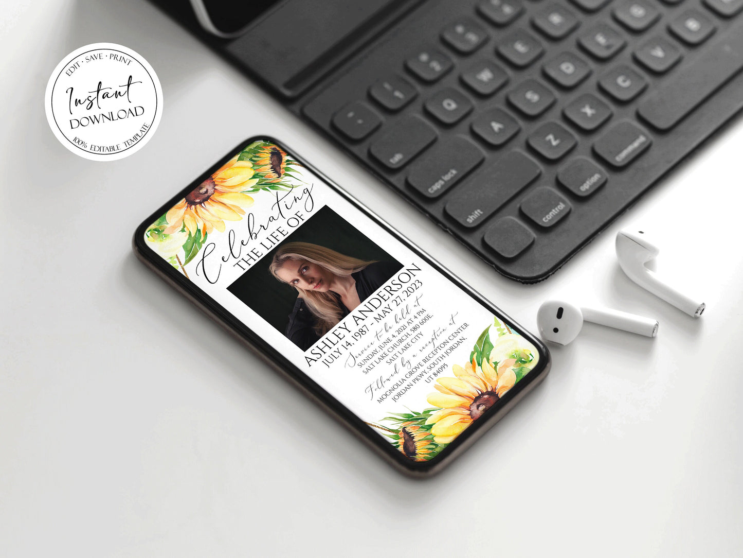 Celebration of life Sunflower Digital Funeral Invitation Template Y1