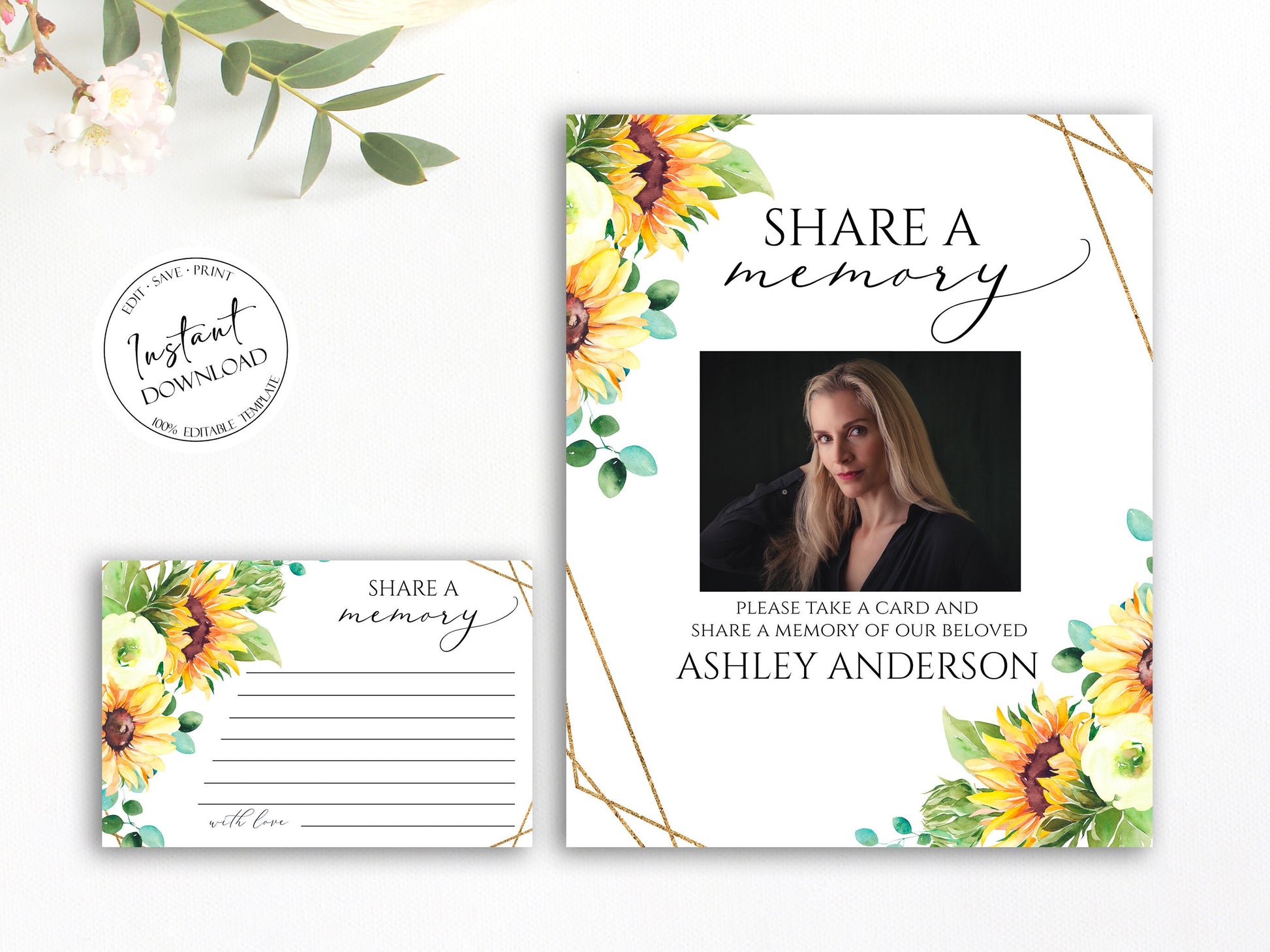 Celebration Of Life Sunflower Share a Memory Funeral Sign and Share a Memory Card Template, Funeral Memory Card, Sunflower Funeral Card Template