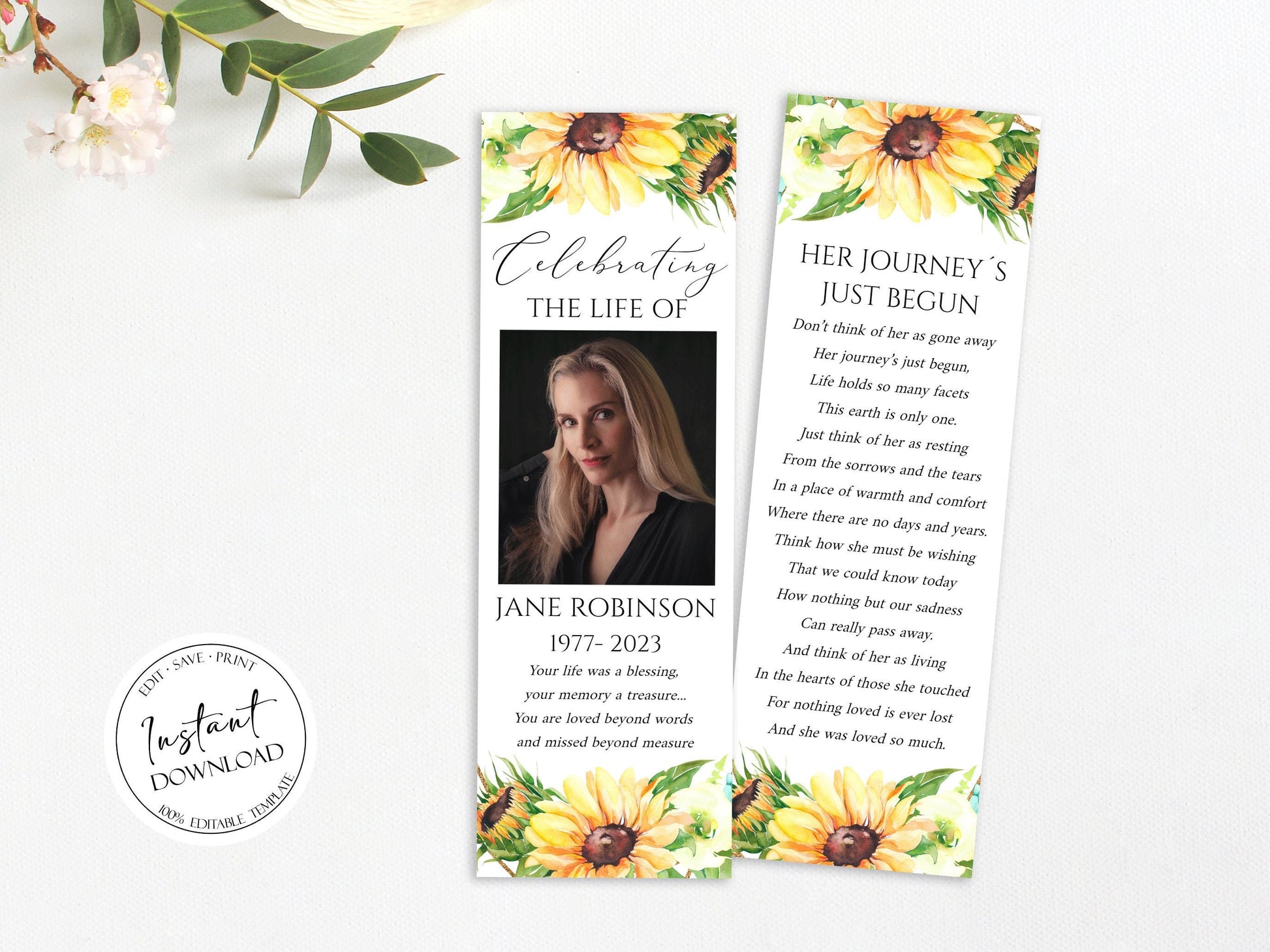 Celebration of Life Sunflower Funeral Bookmark Template Funeral Keepsake Cards, Sunflower Memorial Bookmark, Sunflower Obituary Bookmark