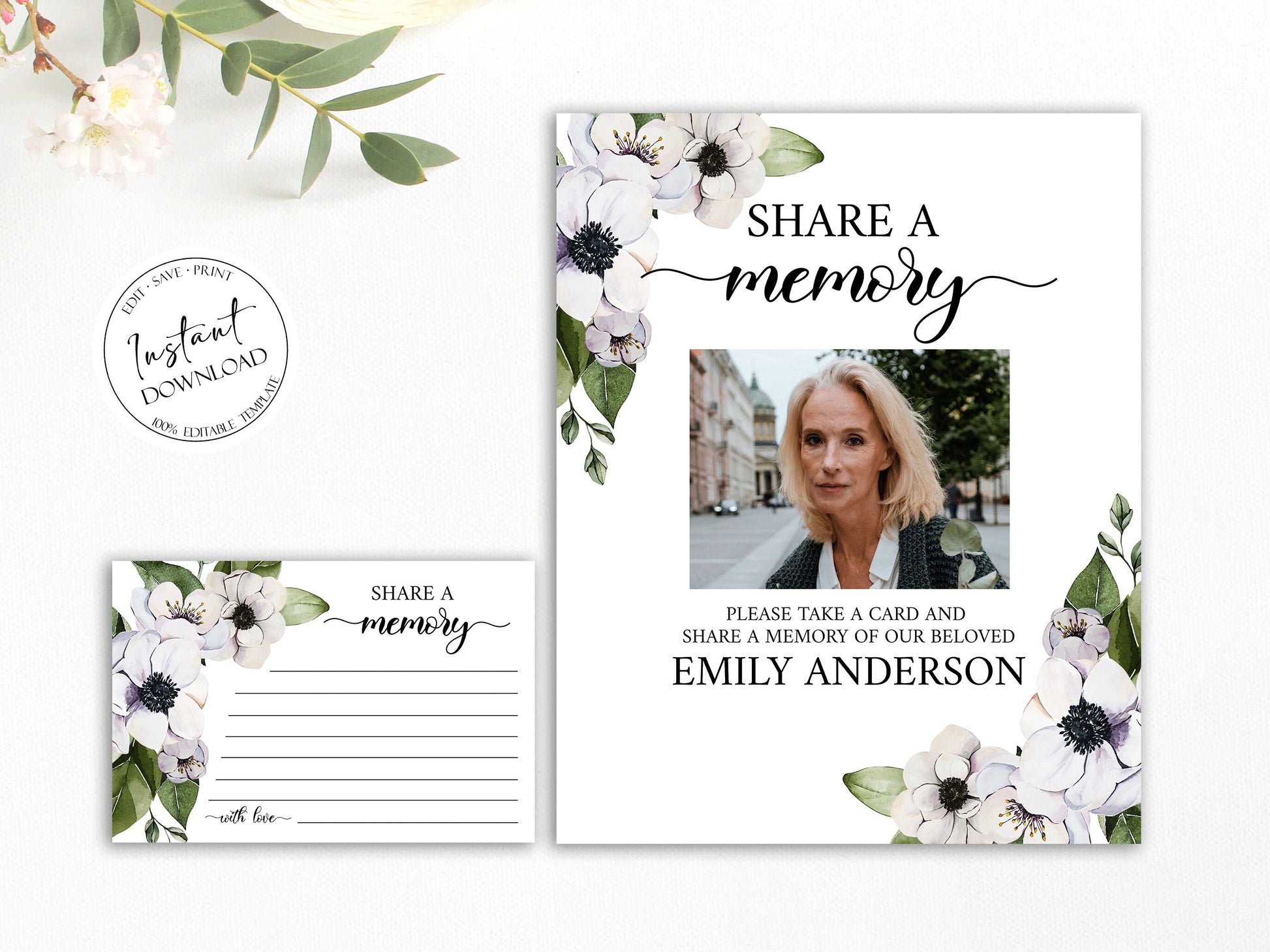 Celebration of life Purple Floral Greenery Share a Memory Funeral Sign and Share a Memory Card Template, Purple Floral Funeral Memory Card P3