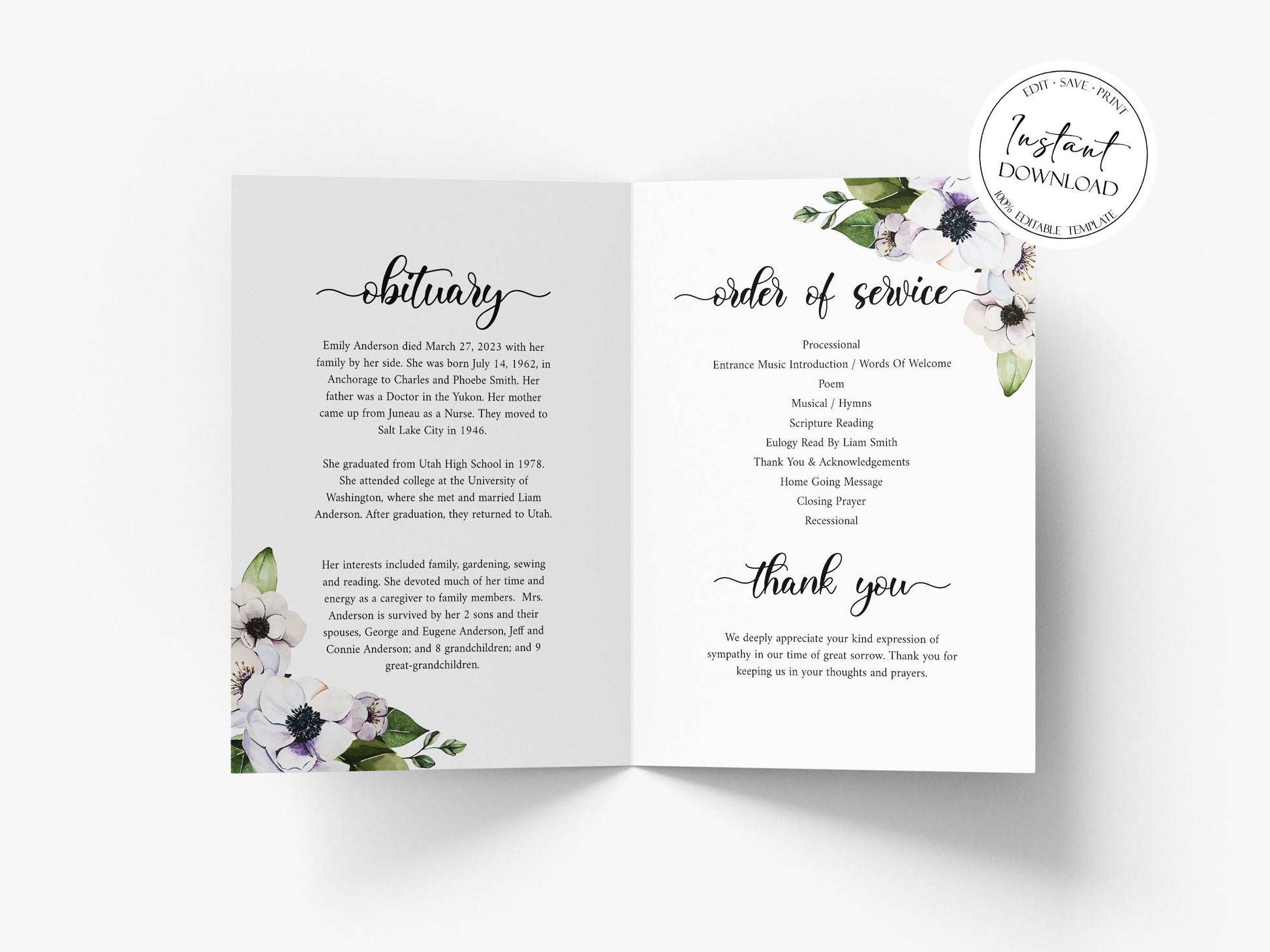 Celebration of life Purple Floral Greenery Funeral Program Template, Purple Floral Funeral Program, Purple Floral Memorial Program Obituary Funeral Mass Program P3