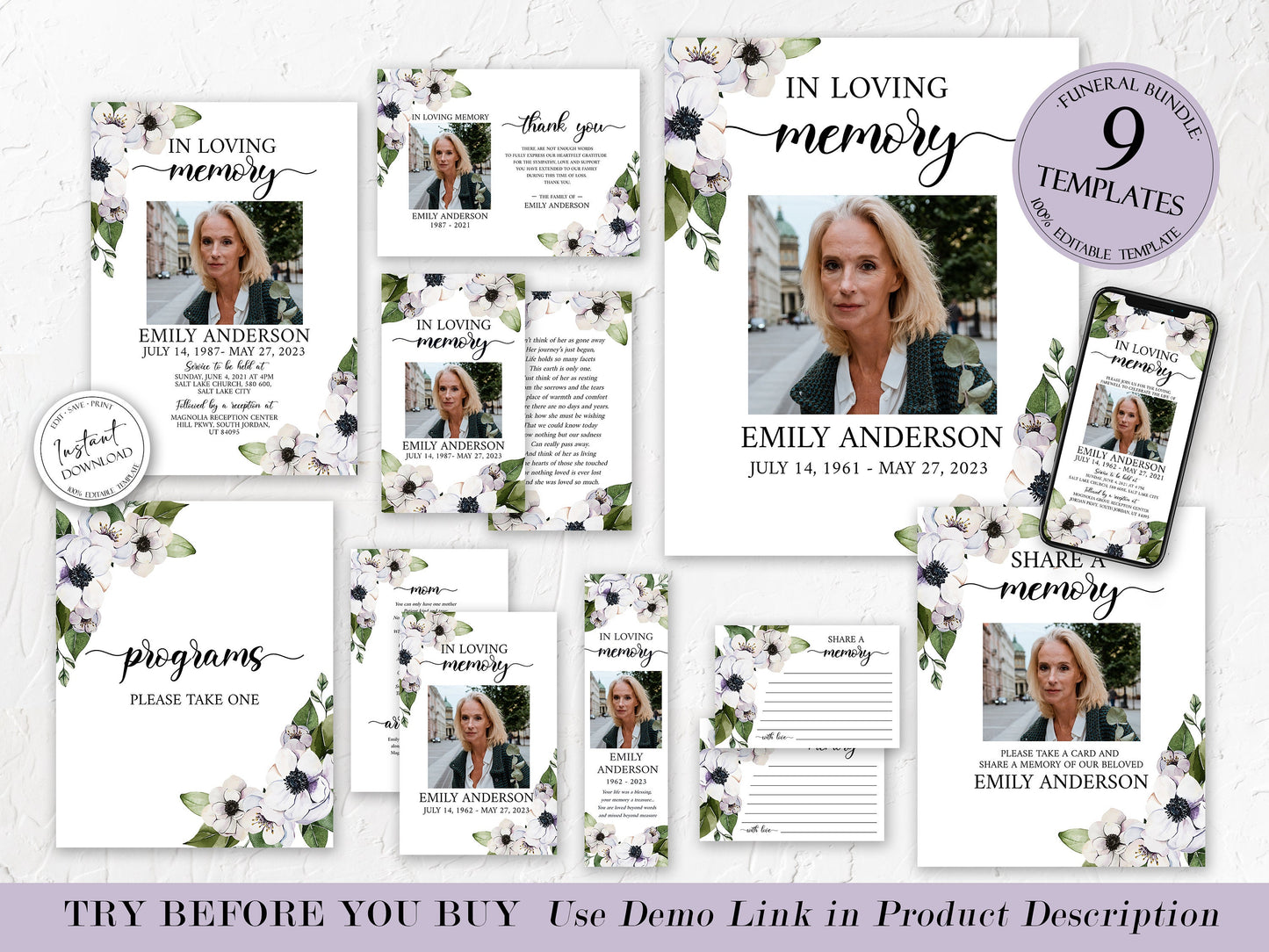 In Loving Memory Purple Floral Greenery Funeral Bundle Set Templates, Memorial Package, Celebration of Life Package, Purple Floral Funeral Set P3