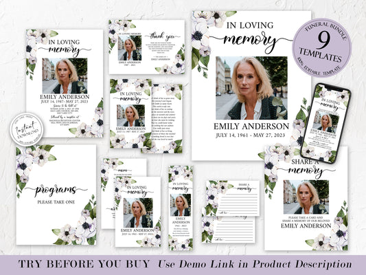 In Loving Memory Purple Floral Greenery Funeral Bundle Set Templates, Memorial Package, Celebration of Life Package, Purple Floral Funeral Set P3