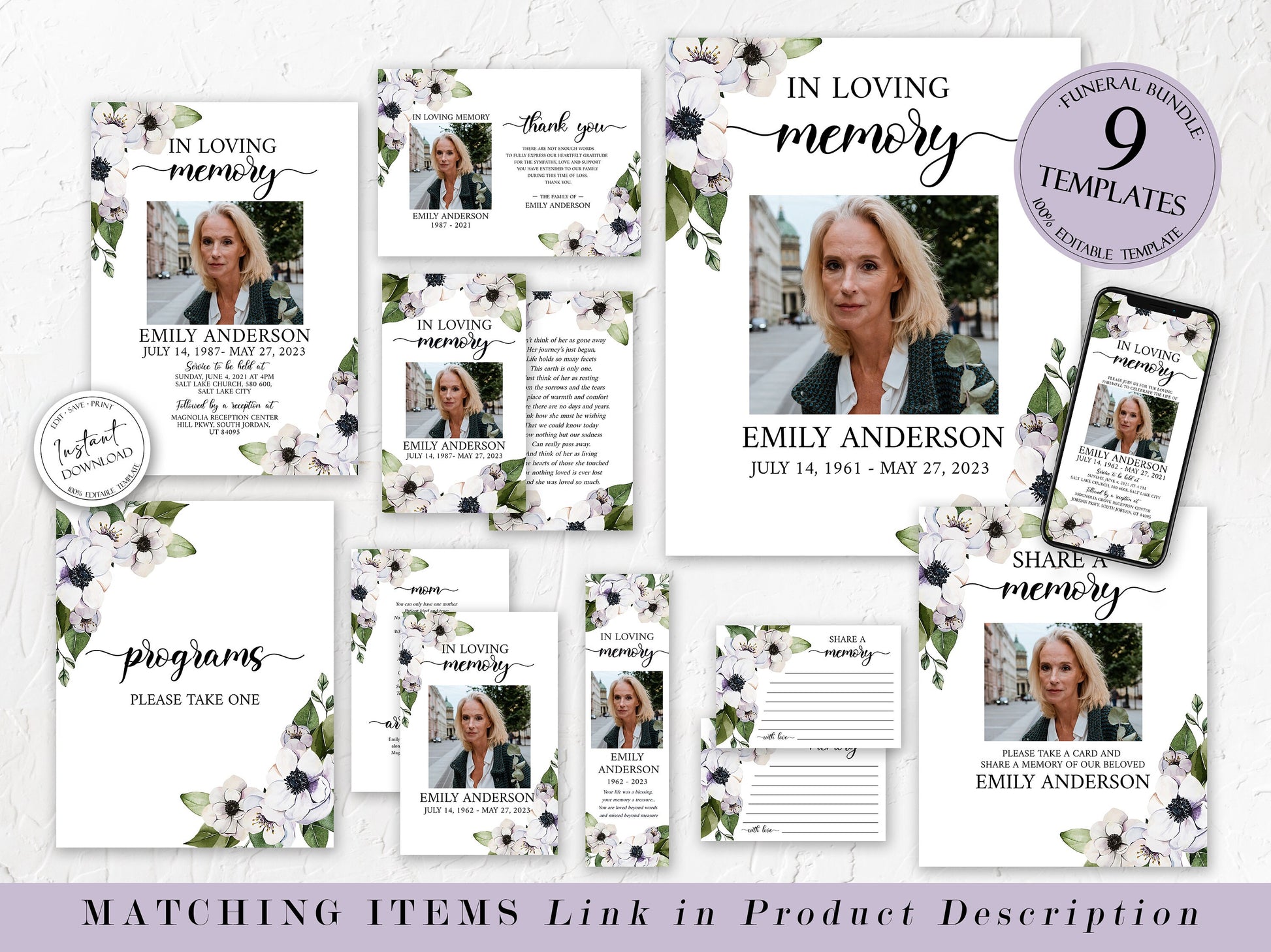 Celebration of life Purple Floral Greenery Funeral Invitation Template, Purple Funeral Announcement, Funeral Card Template Purple Memorial Invitation P3