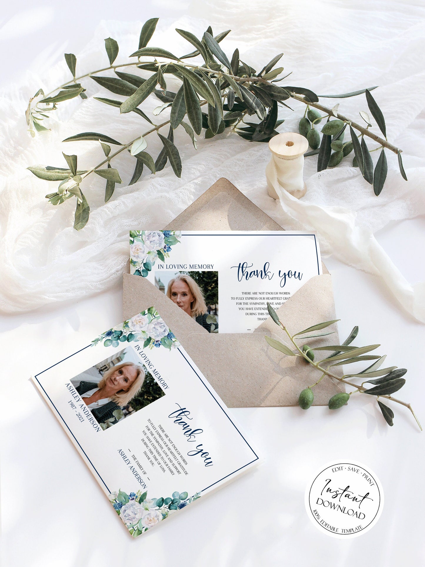 Celebration of life Blue White Floral Funeral Photo Thank You Card Template, Blue White Floral Funeral Thank You, Printable Memorial Thank You Cards, Sympathy Cards B1