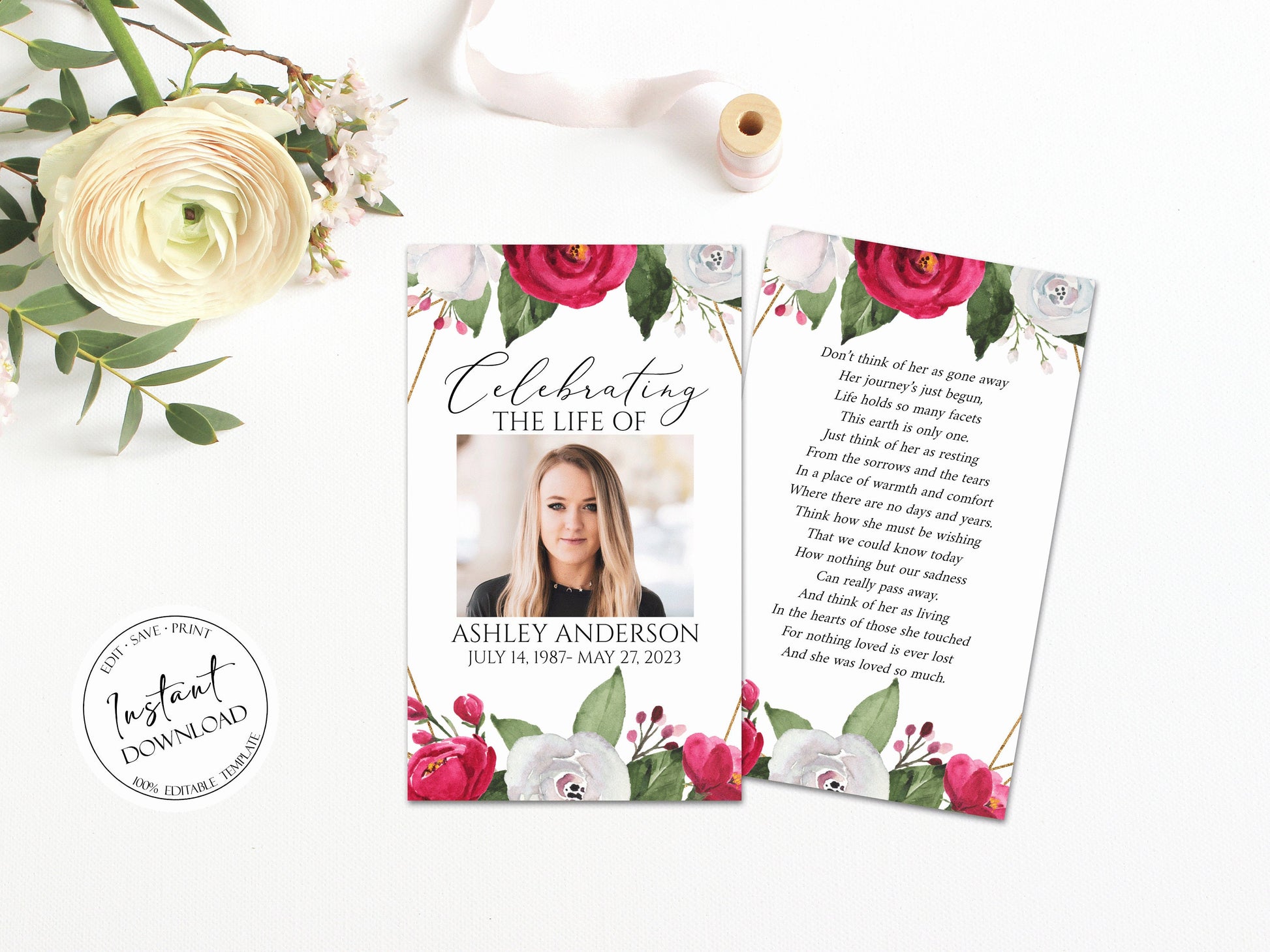 Celebration of life White Pink Roses Funeral Prayer Cards Template, Memorial Prayer Card Template, Funeral Prayer Card, Pink Roses Catholic Mass Cards, Obituary Card P2