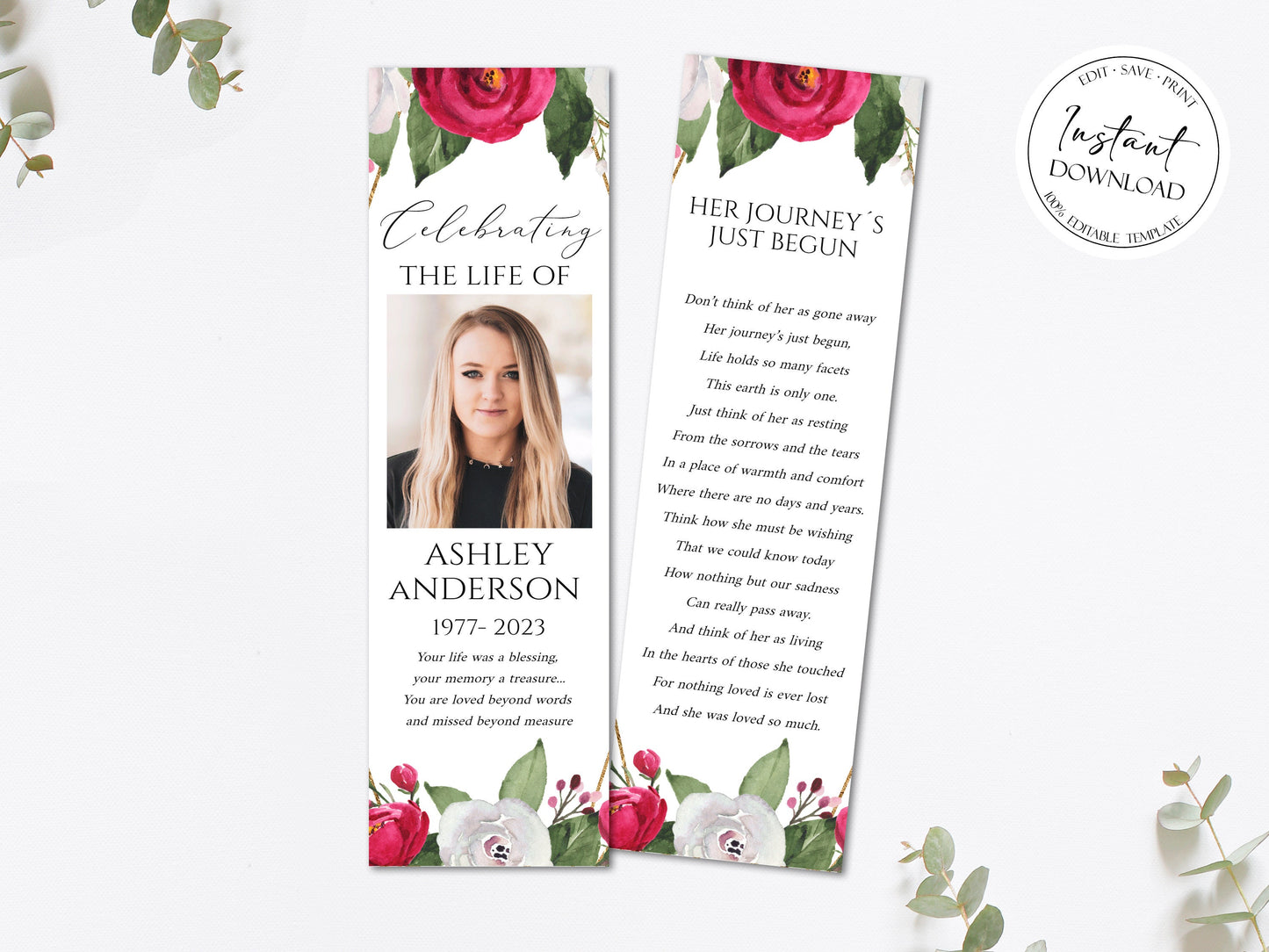 Celebration of Life White Pink Roses Funeral Bookmark Template, Celebration of Life Bookmark, Funeral Keepsake Cards, Pink Roses Memorial Bookmark, Obituary Bookmark P2