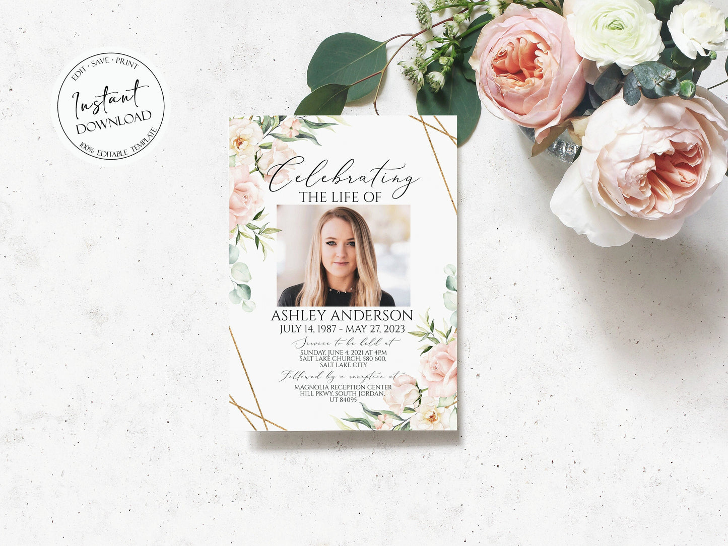 Celebration of life Invitation, Blush Pink Roses Funeral Invitation, Funeral Announcement Funeral Card Template Printable Memorial Invite P4