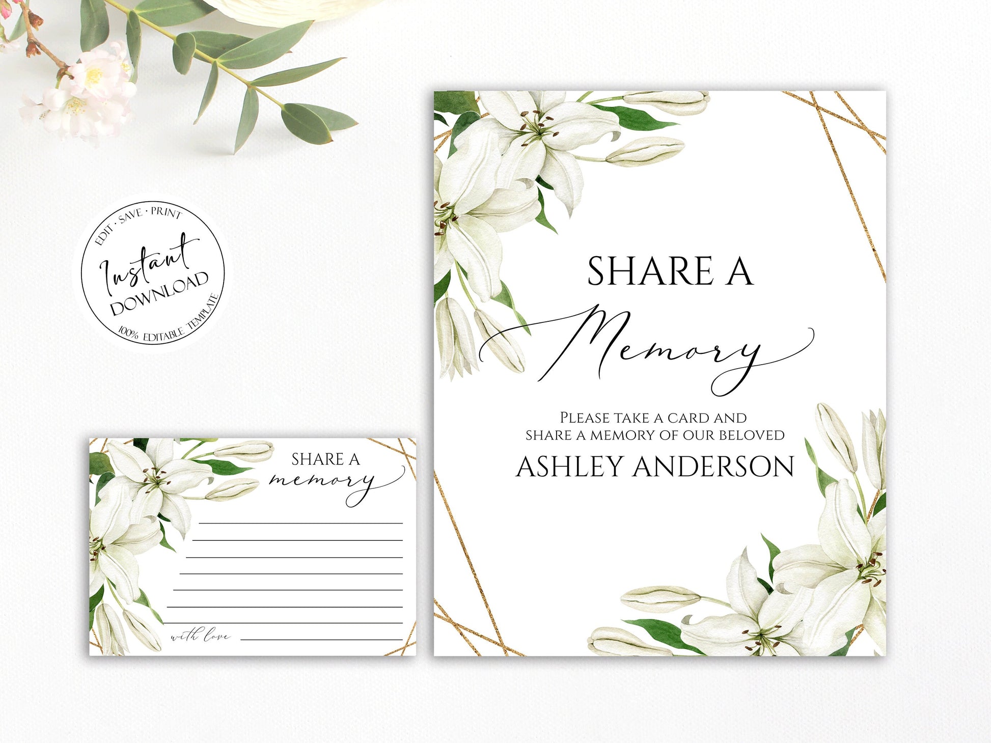 White Lilies Greenery Gold Simple Elegant Share a Memory Funeral Sign and Share a Memory Card Template, Editable Funeral share a memory template, Funeral Template