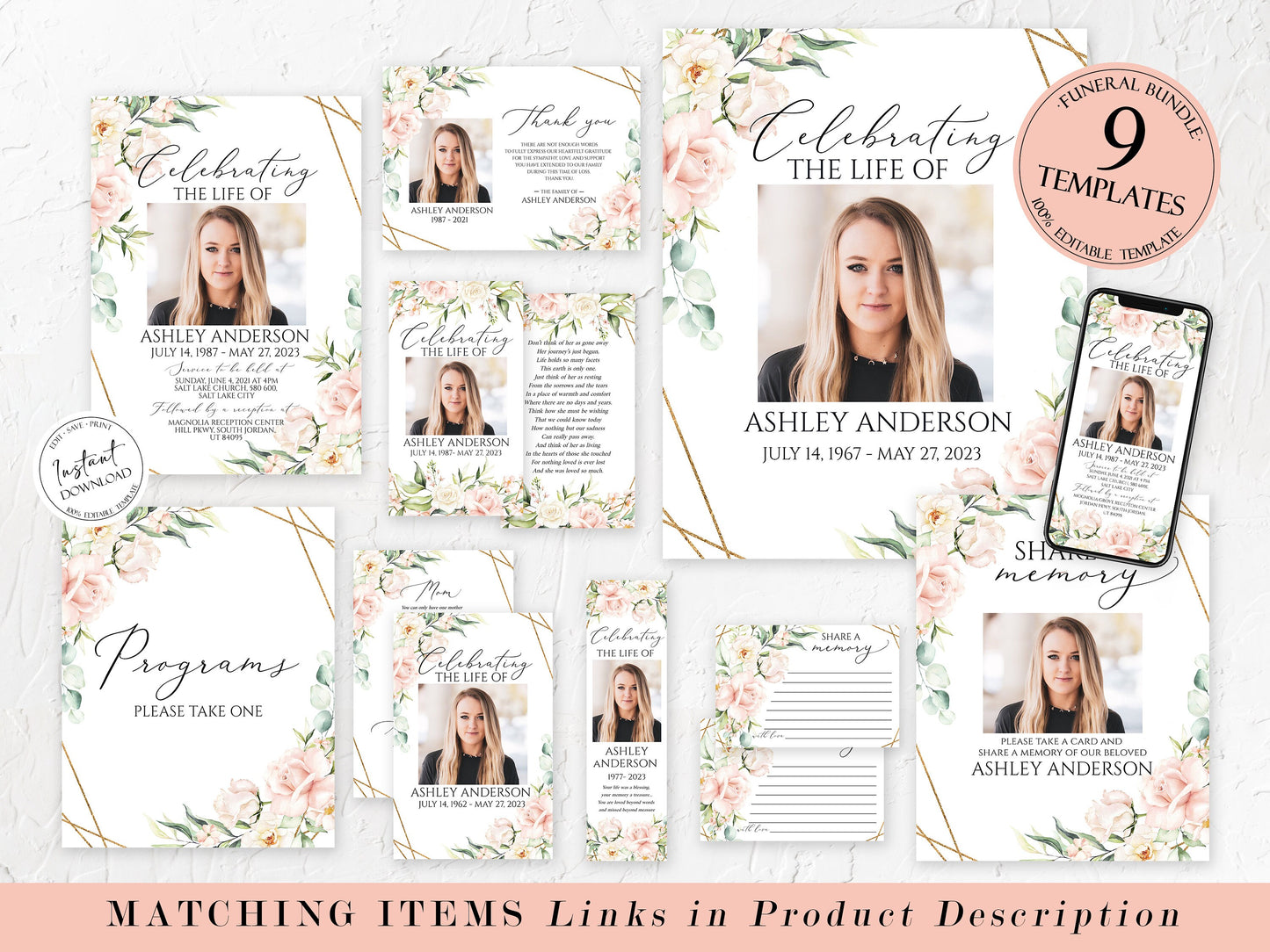 Celebration of life Invitation, Blush Pink Roses Funeral Invitation, Funeral Announcement Funeral Card Template Printable Memorial Invite P4