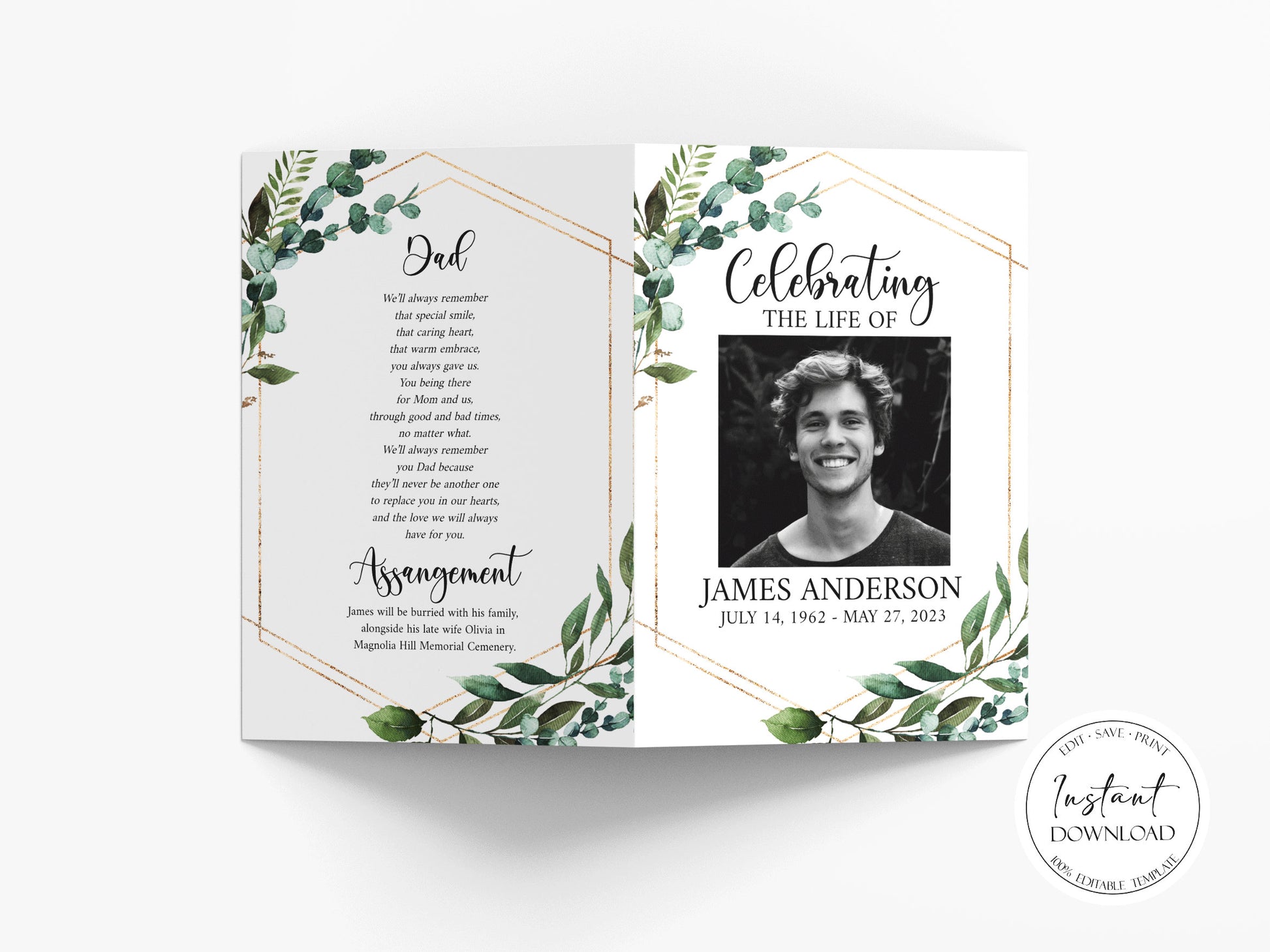 Celebration of life Watercolor Greenery Gold Funeral Program Template, Funeral Brochure, Greenery Gold Memorial Program, Obituary Program Q1