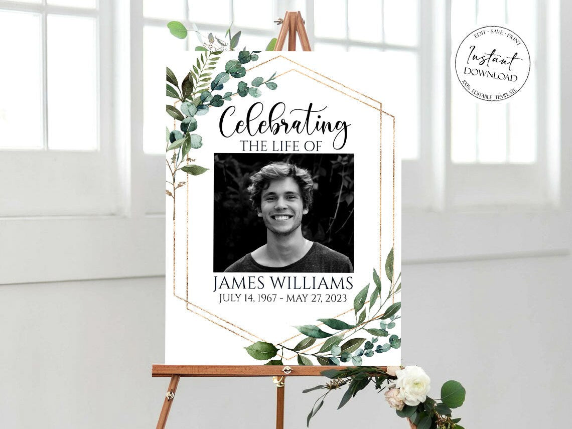 Celebration Of Life Watercolor Greenery Gold Funeral Welcome Sign Template, In Loving Memory Welcome Sign, Obituary Memorial Sign Funeral Welcome Poster Q1