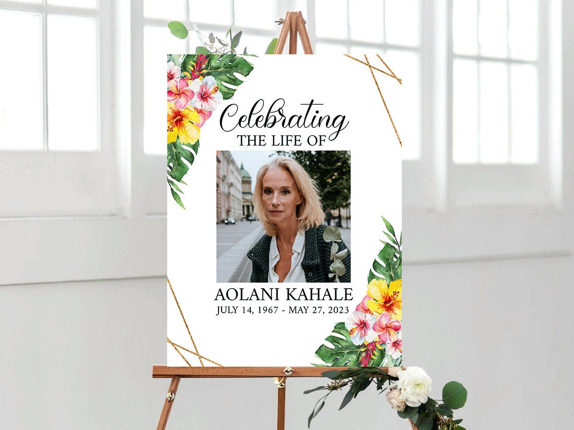 Celebration Of Life Tropical Hawaiian Plumeria Funeral Welcome Sign Template, Editable Hawaiian Funeral Welcome Sign, In Loving Memory Welcome Sign, Obituary Funeral Poster H1