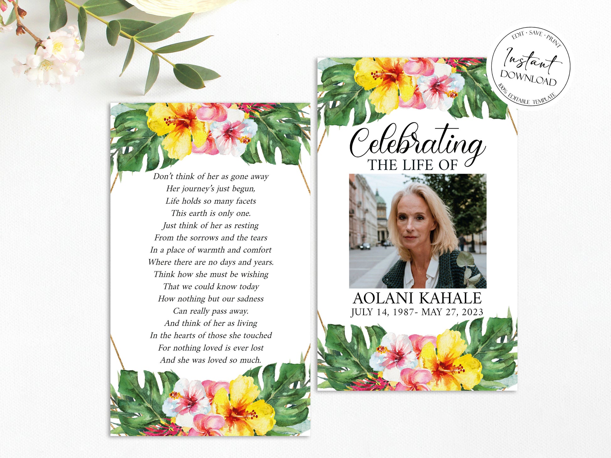 Celebration Of Life Hawaiian Tropical Plumeria Funeral Prayer Card Template Printable Memorial Prayer Card Hawaiian Funeral Prayer Card Catholic Mass Card Obituary Card