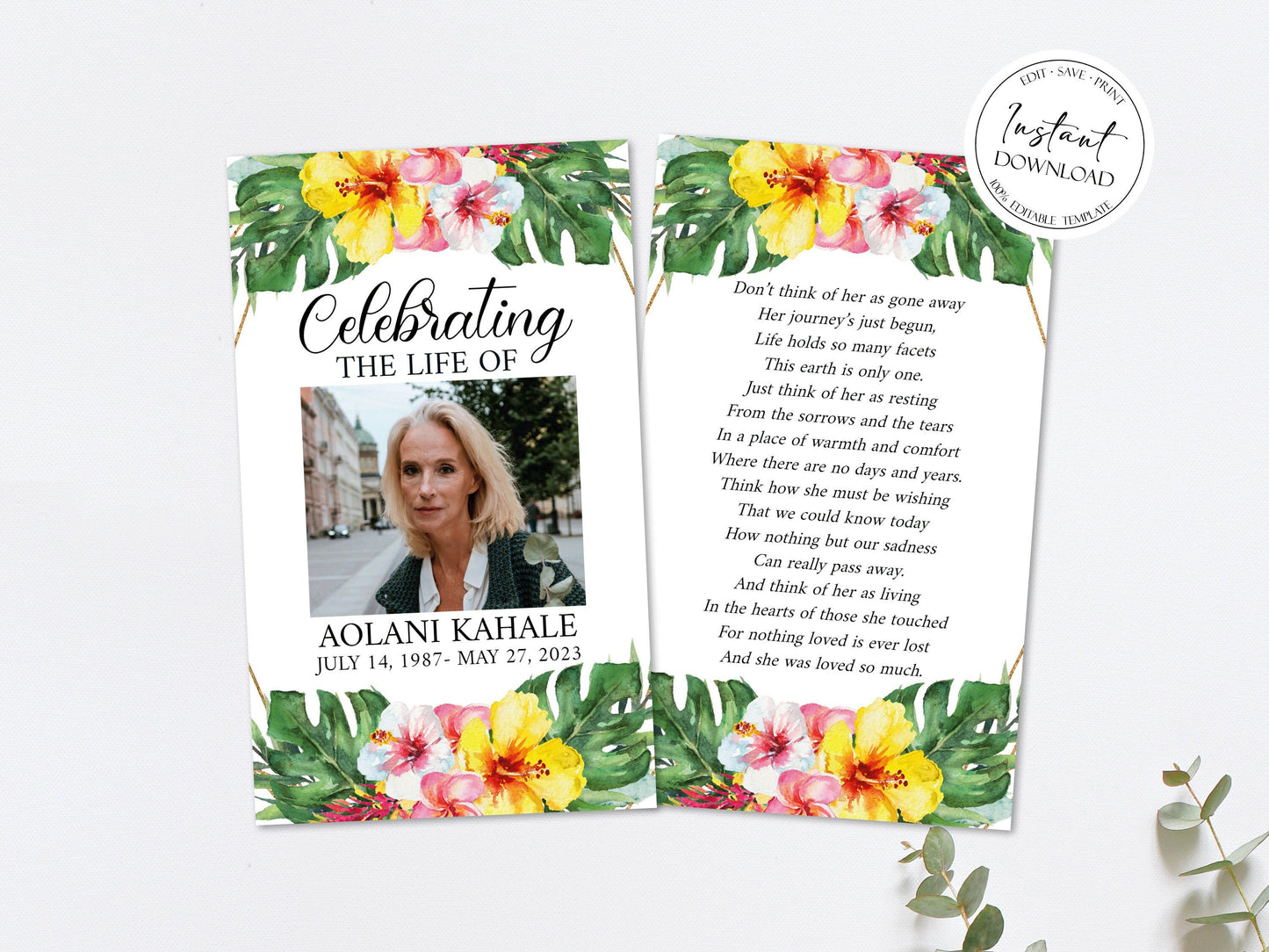 Celebration Of Life Hawaiian Tropical Plumeria Funeral Prayer Card Template Printable Memorial Prayer Card Hawaiian Funeral Prayer Card Catholic Mass Card Obituary Card