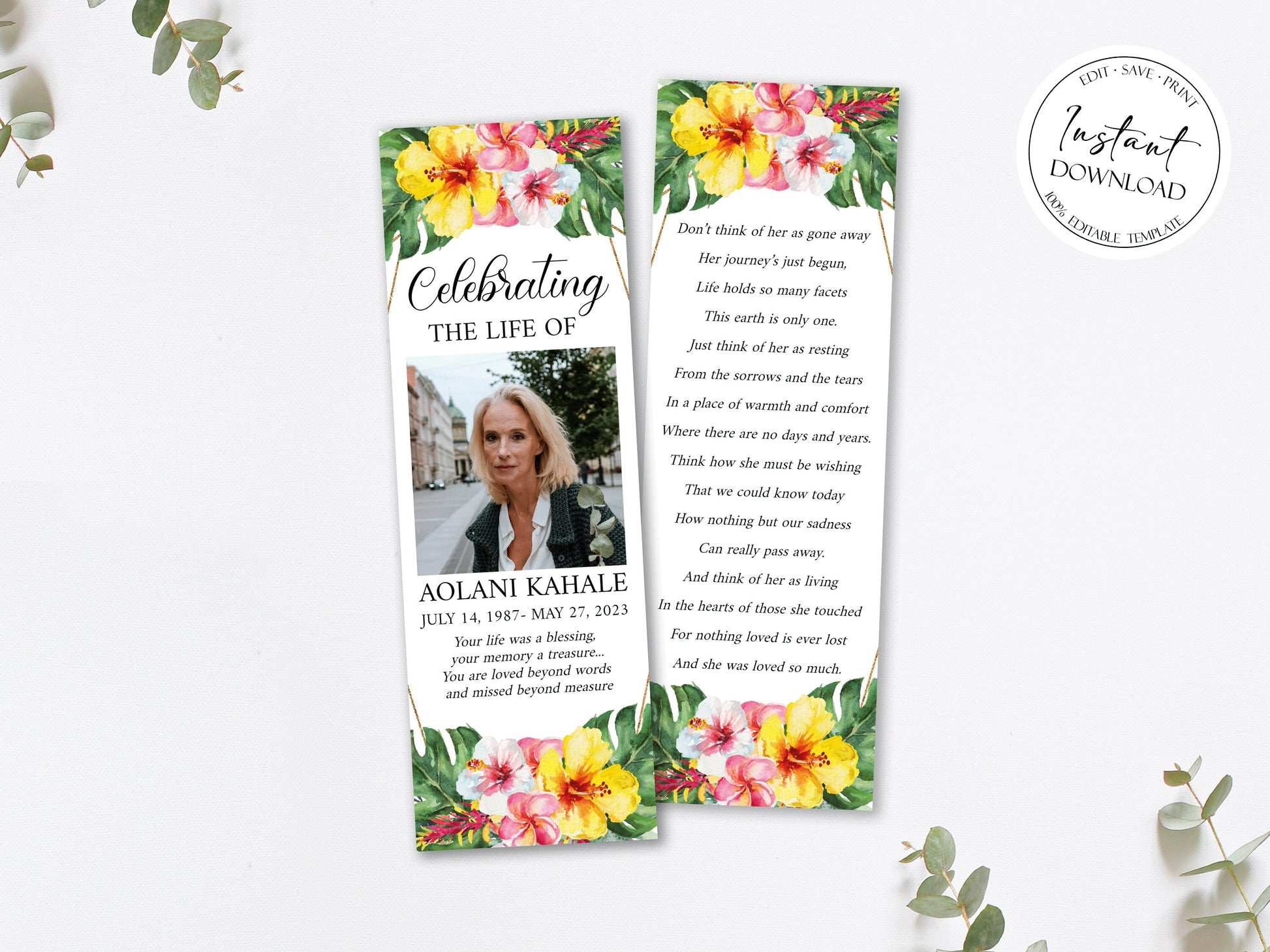 Celebration of Life Hawaiian Tropical Plumeria Funeral Bookmark Template, Hawaiian Funeral Bookmark, Funeral Keepsake Cards, Memorial Bookmark, Obituary Bookmark, Keepsake Cards H1