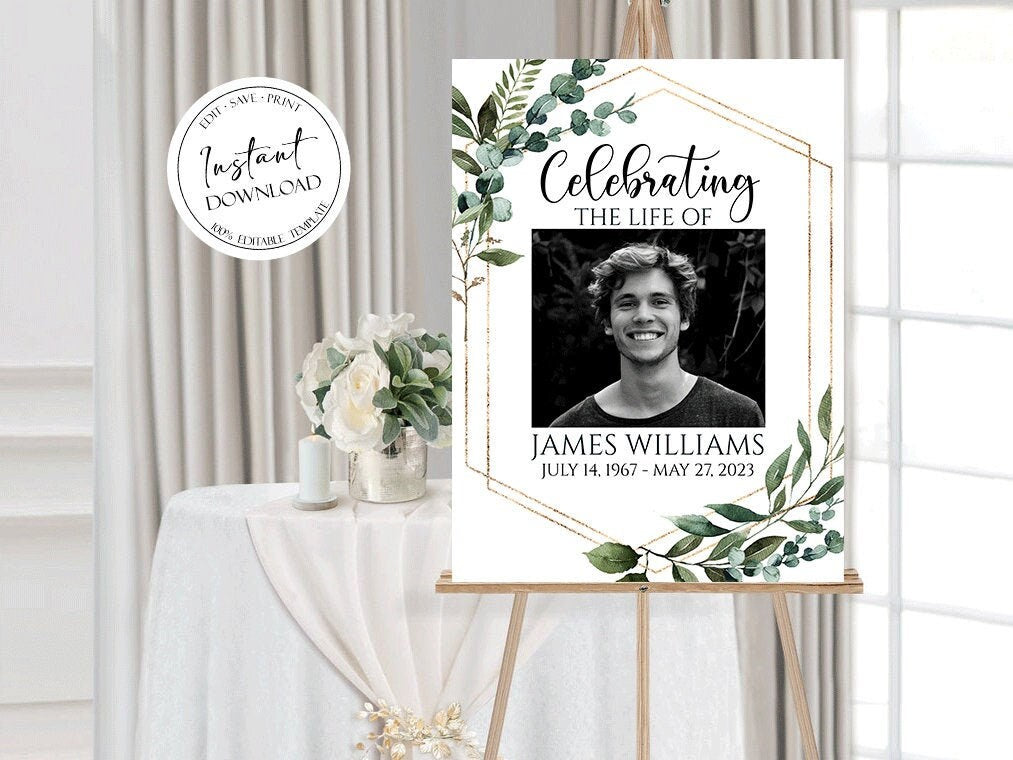 Celebration Of Life Watercolor Greenery Gold Funeral Welcome Sign Template, In Loving Memory Welcome Sign, Obituary Memorial Sign Funeral Welcome Poster Q1