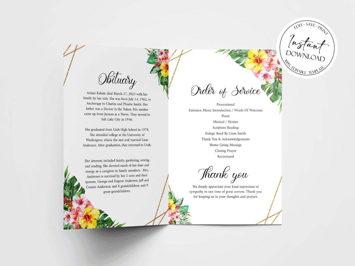 Celebration of Life Tropical Hawaiian Funeral Program Template H1