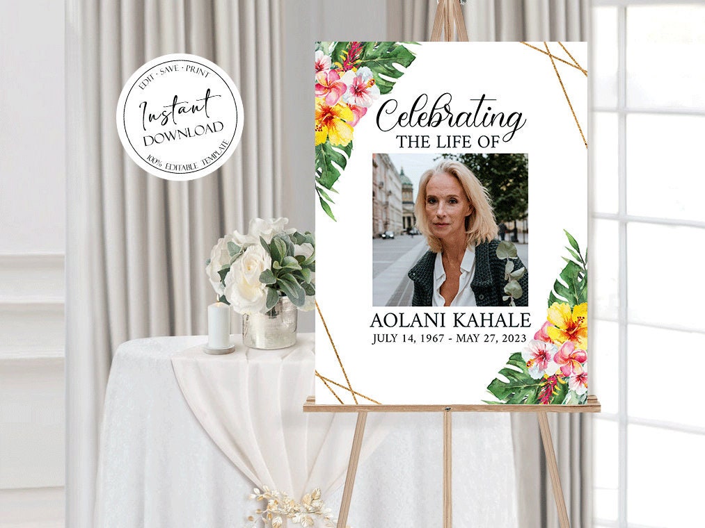 Celebration Of Life Tropical Hawaiian Plumeria Funeral Welcome Sign Template, Editable Hawaiian Funeral Welcome Sign, In Loving Memory Welcome Sign, Obituary Funeral Poster H1