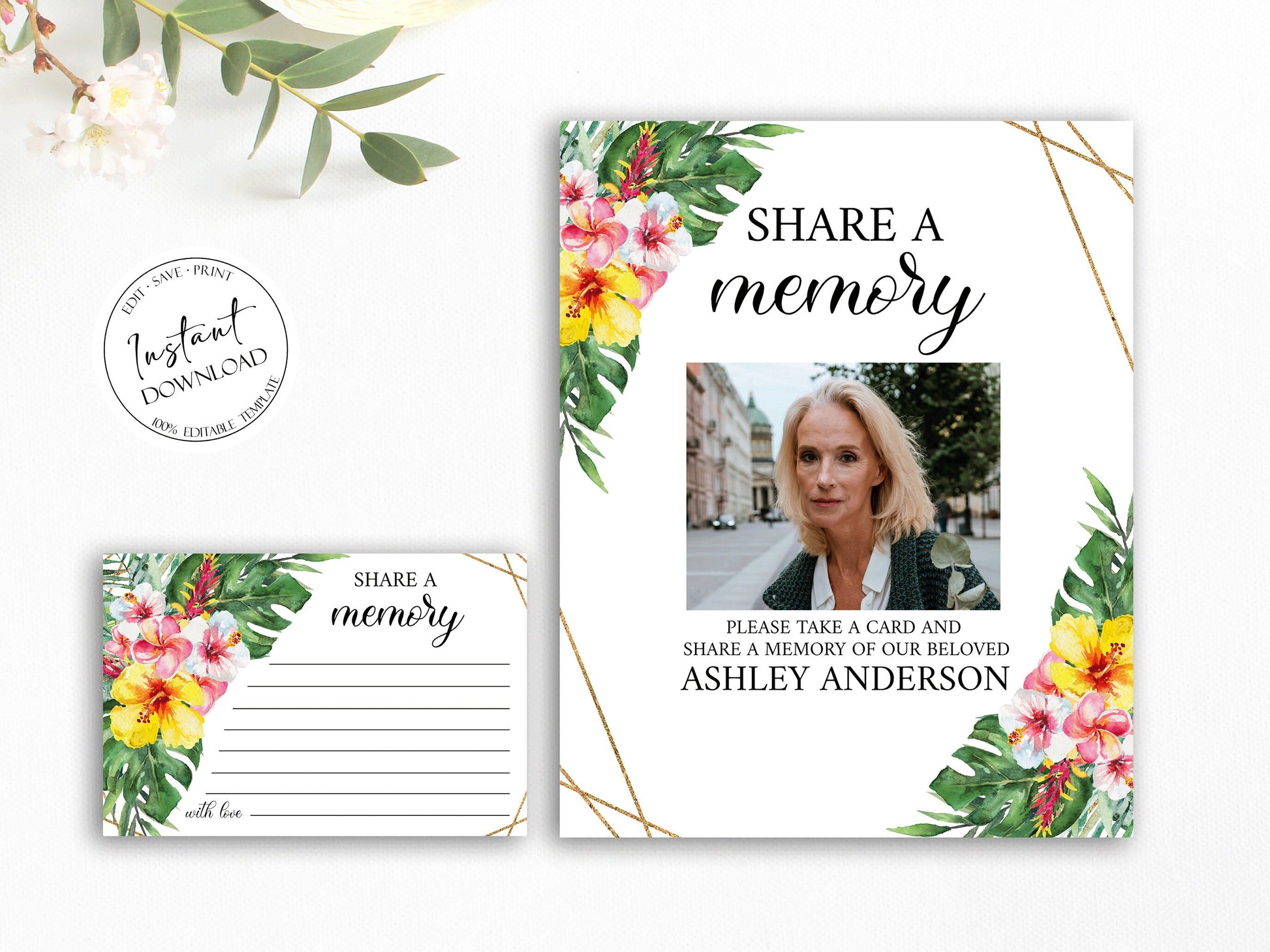 Tropical Hawaiian Share a Memory Funeral Sign Share a Memory Card Template, Tropical Funeral Memory Card Editable Funeral share a memory template H1