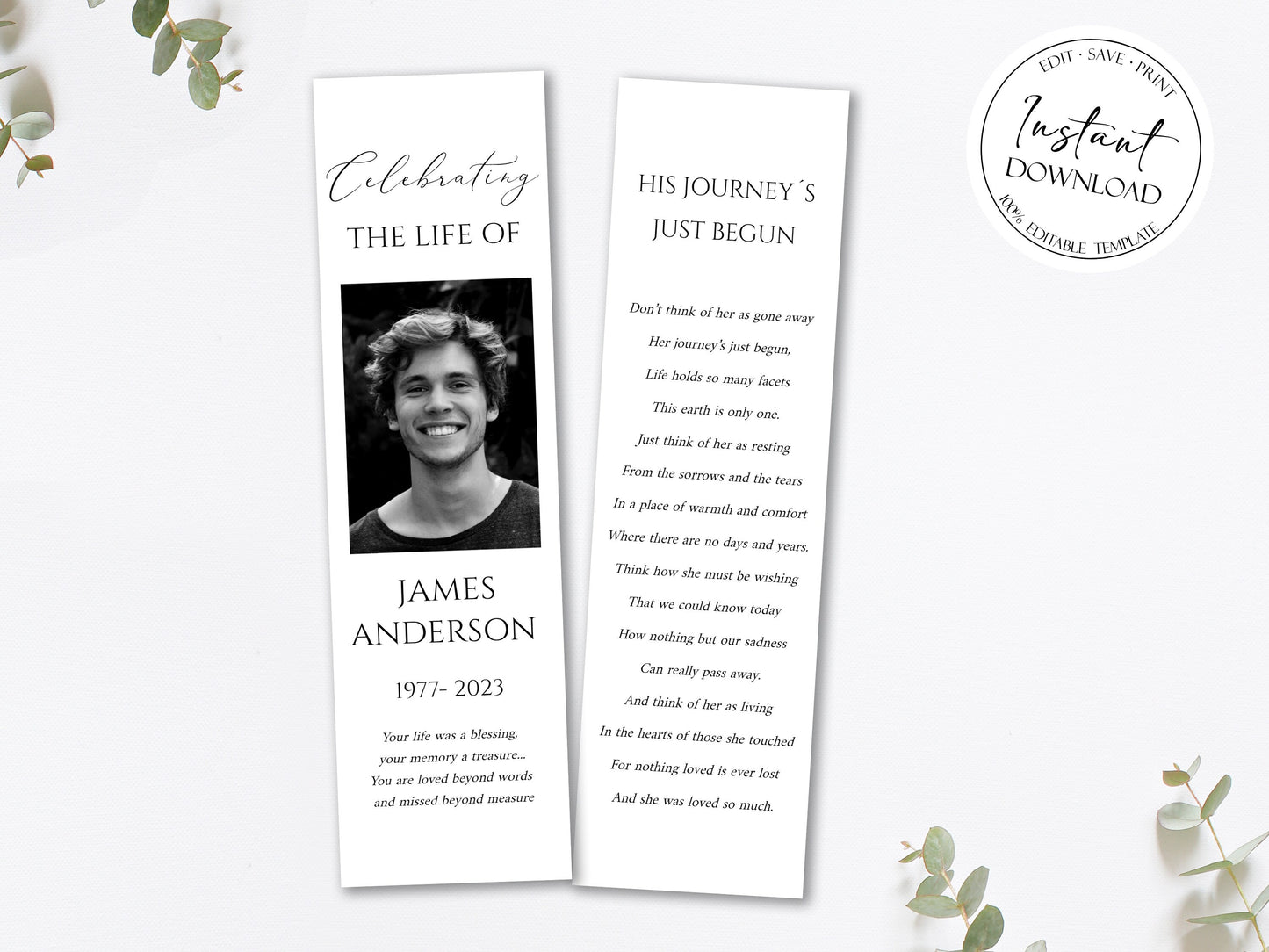 Celebration of Life Simple Elegant Funeral Bookmark Template S1