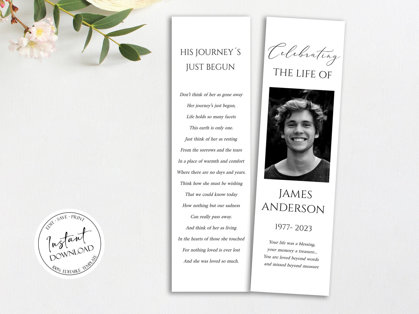 Celebration of Life Simple Elegant Funeral Bookmark Template S1