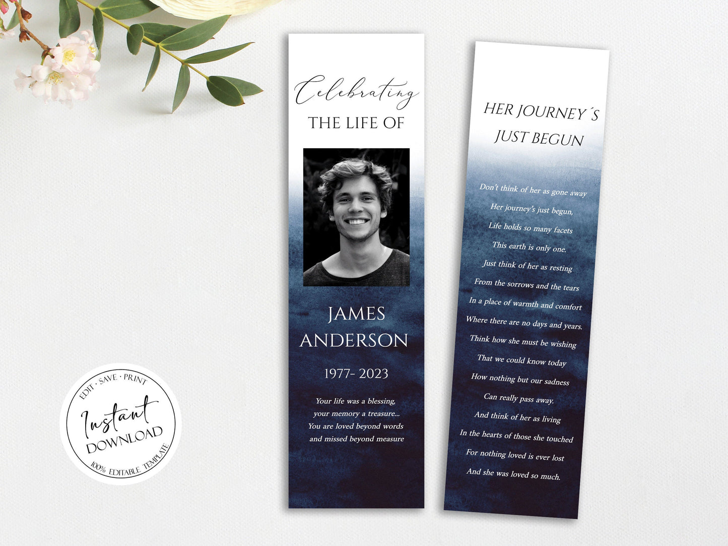 Blue Watercolor Funeral Bookmark Template, Celebration of Life Bookmark, Funeral Keepsake Cards, Ocean Memorial Bookmark, Obituary Bookmark B5