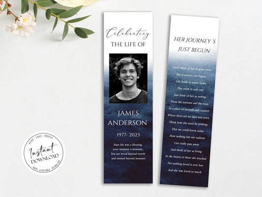 Blue Watercolor Funeral Bookmark Template, Celebration of Life Bookmark, Funeral Keepsake Cards, Ocean Memorial Bookmark, Obituary Bookmark B5