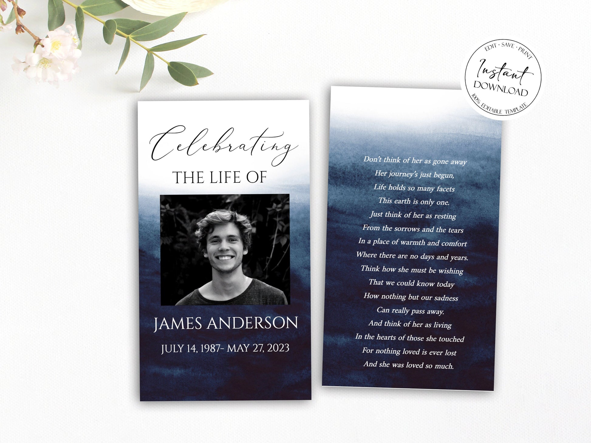 Editable Blue Watercolor Funeral Prayer Card, Printable Memorial Prayer Card Template, Ocean Prayer Card, Celebration of life Prayer Card B5