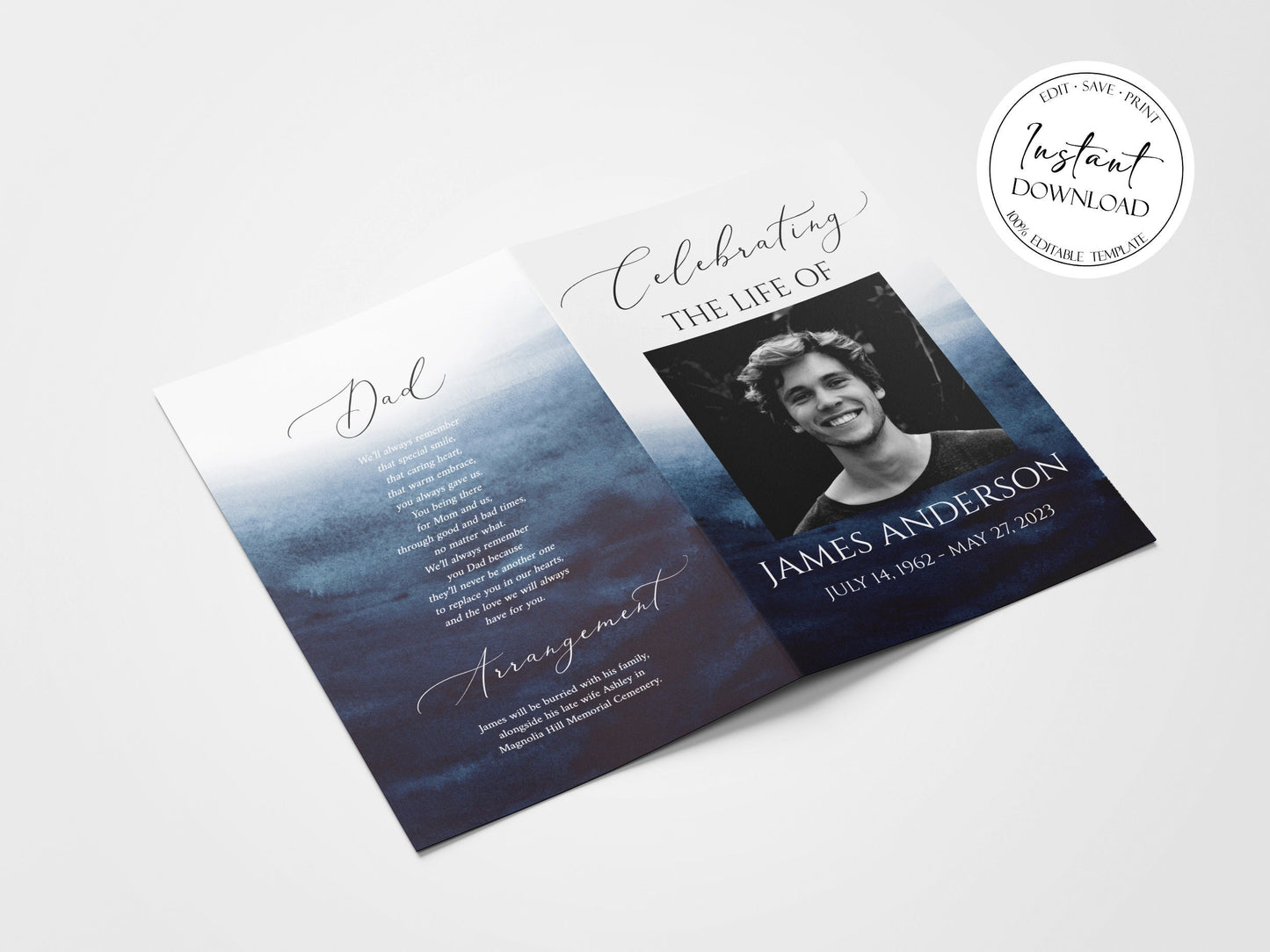 11x17 Funeral Program Template, Celebration of Life Blue Watercolor Funeral Program Ocean Memorial Program Funeral Brochure Obituary Program