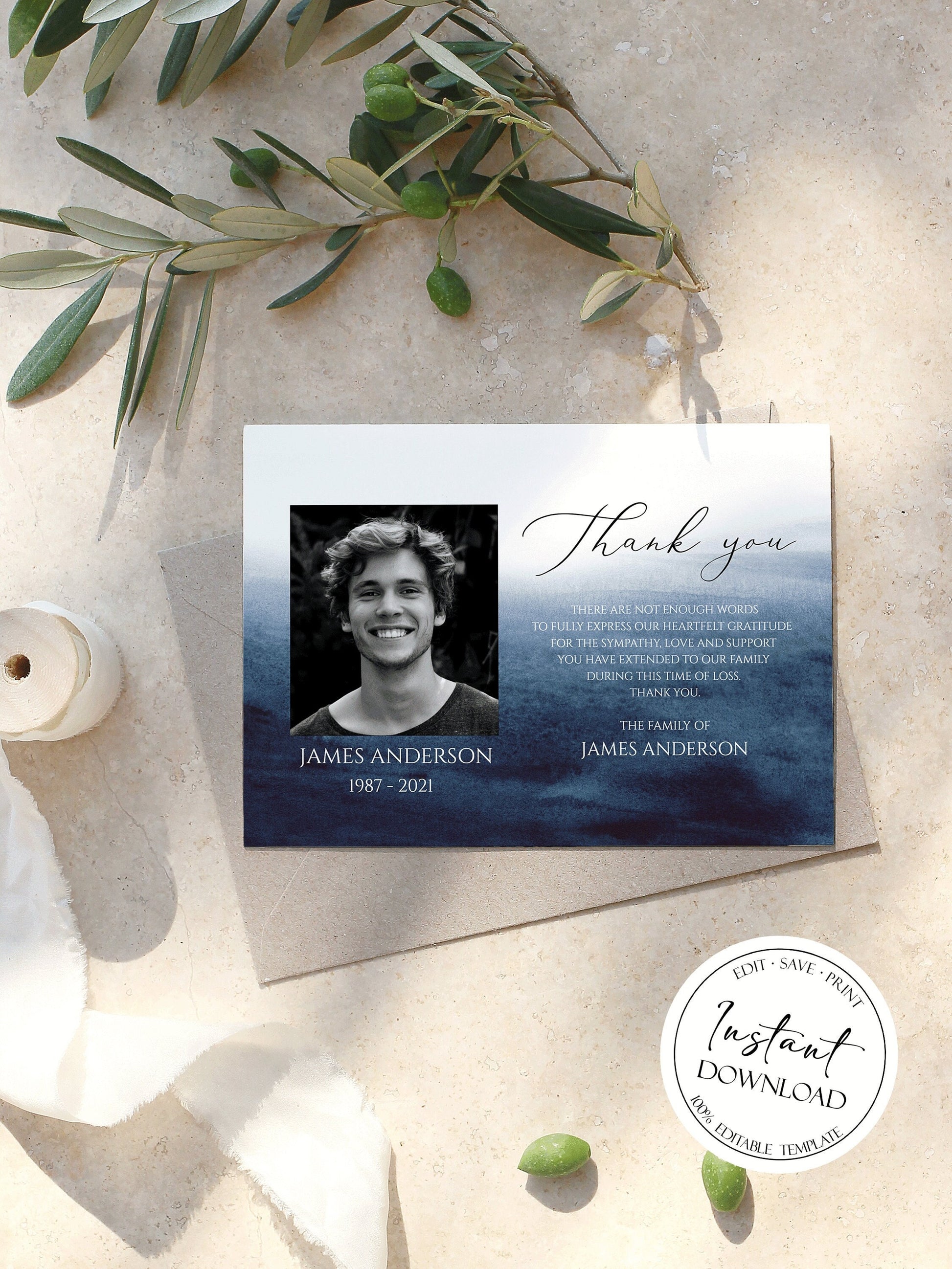 Blue Watercolor Funeral Thank You, Ocean Blue Funeral Thank You Photo, Memorial Card, Printable Thank You Card Template, Sympathy Card