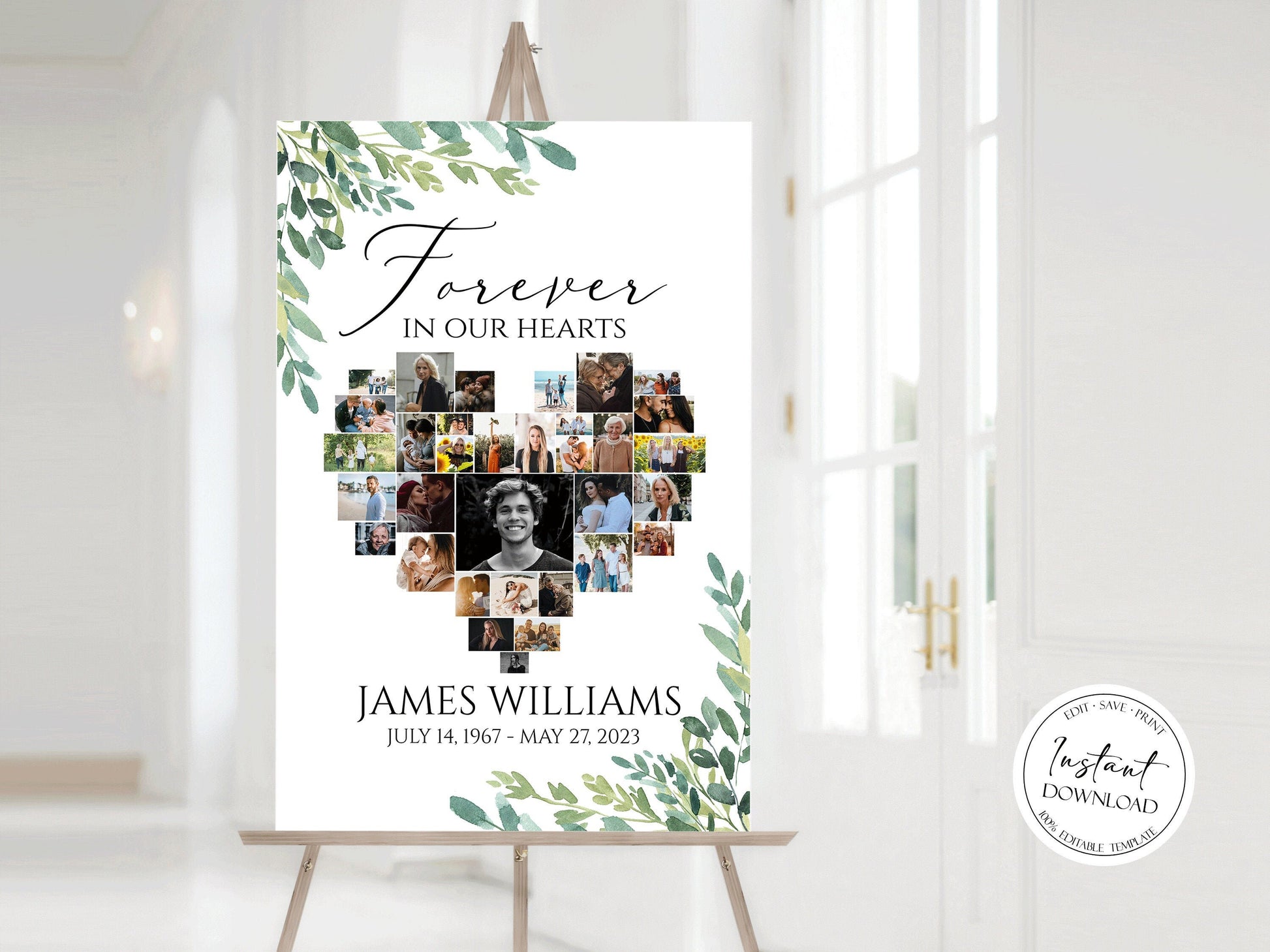 Celebration Of Life Forever in our Hearts Watercolor Greenery Heart Photo Collage Funeral Welcome Sign Template, Editable Greenery Heart Funeral Photo Collage Poster, Memorial Sign G2