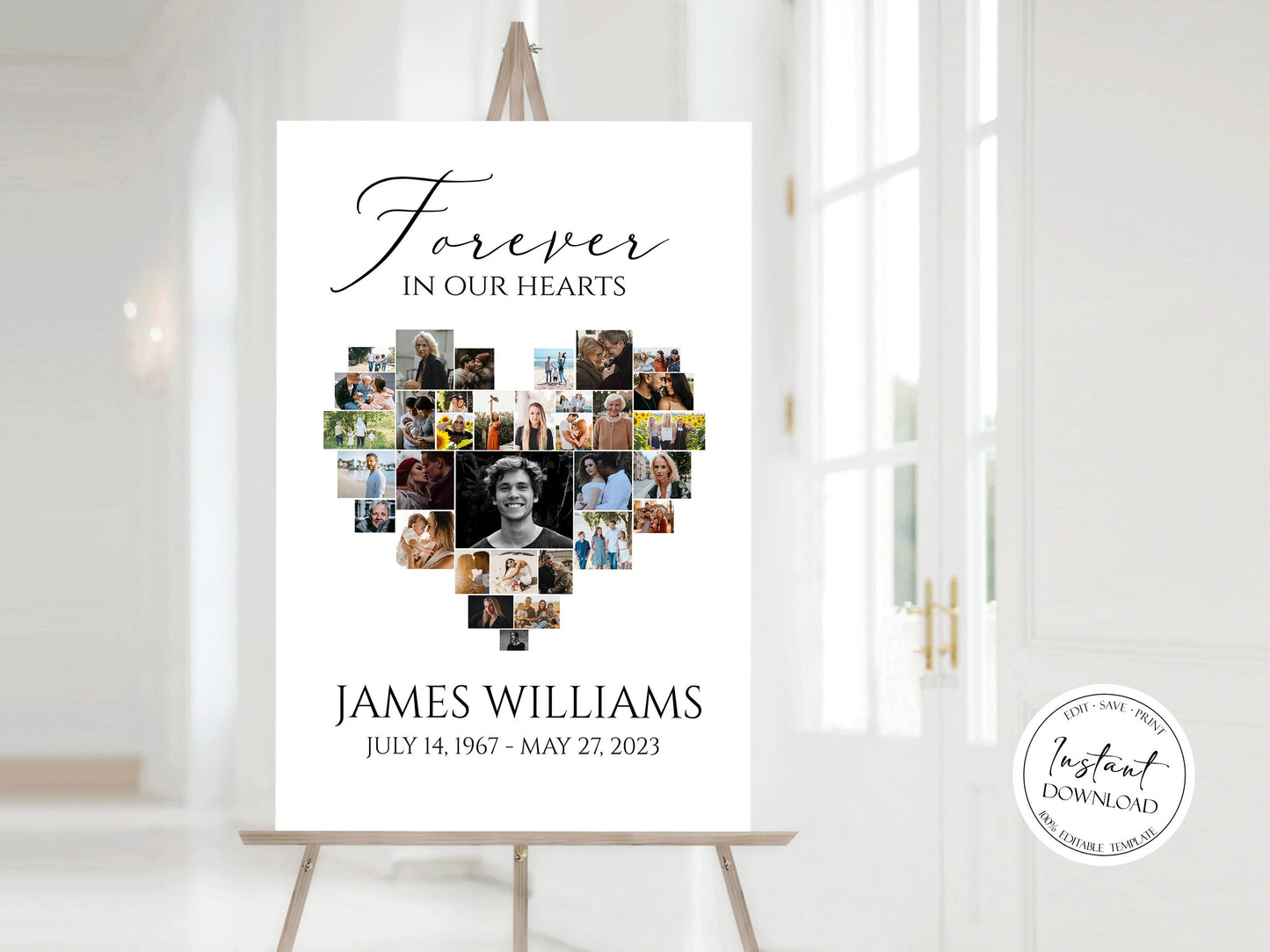 Celebration Of Life Heart Funeral Welcome Sign Editable Simple Hearts Funeral Photo Collage Poster Heart Memorial Sign Forever in our Hearts S1