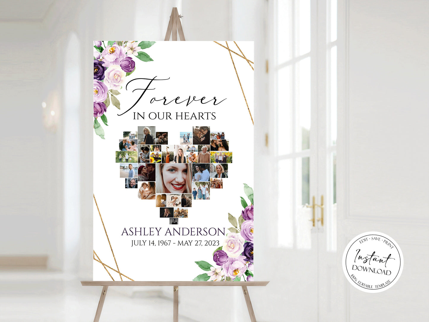 Celebration Of Life Heart Funeral Welcome Sign Editable Purple Floral Hearts Memorial Photo Collage Poster Forever in our Hearts Memory Sign p1