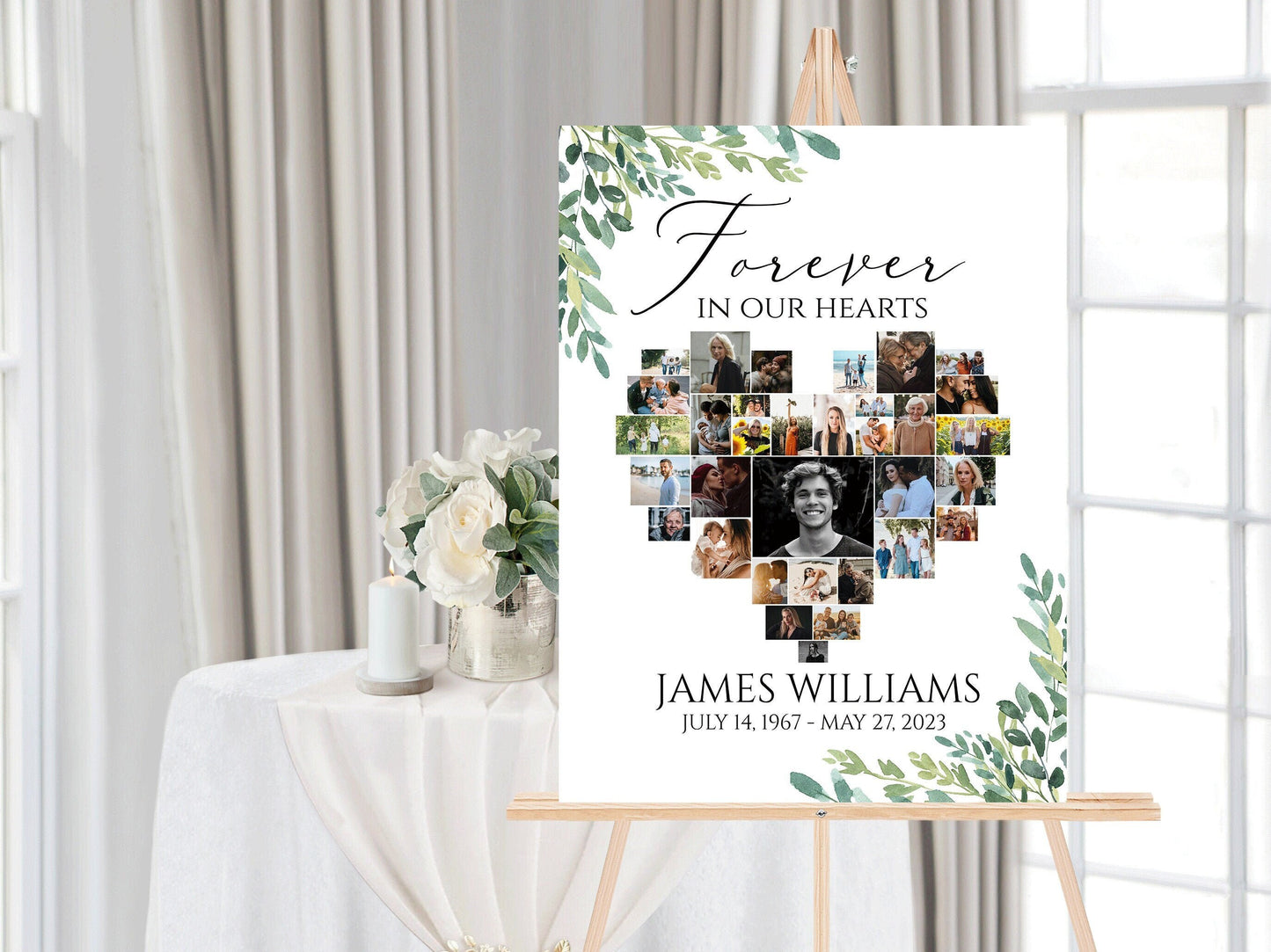 Celebration Of Life Forever in our Hearts Watercolor Greenery Heart Photo Collage Funeral Welcome Sign Template, Editable Greenery Heart Funeral Photo Collage Poster, Memorial Sign G2