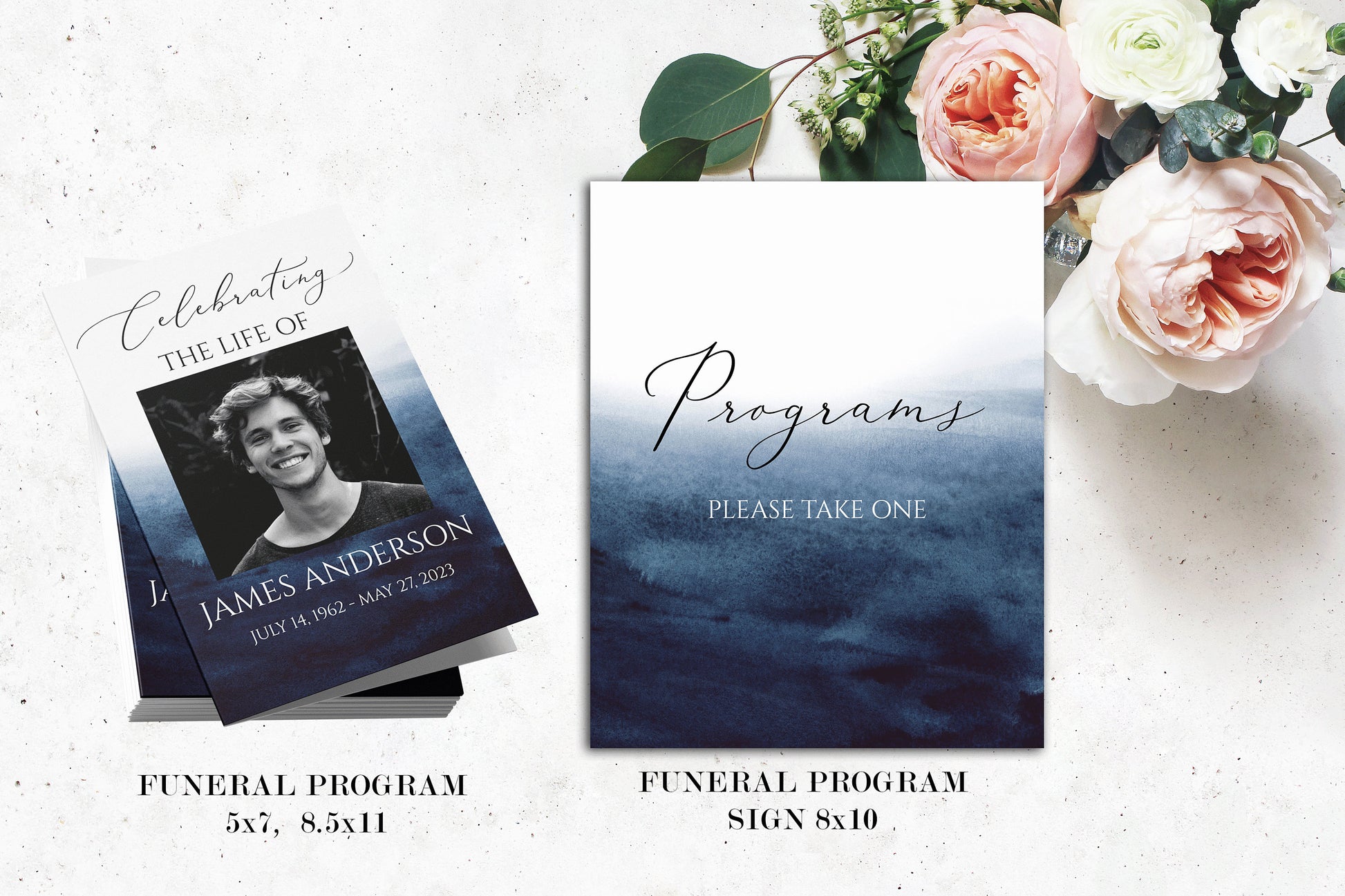 Blue Watercolor Funeral Bundle Templates, Memorial Package, Celebration of Life Package, In Loving Memory Suite, Blue Ocean Funeral Set