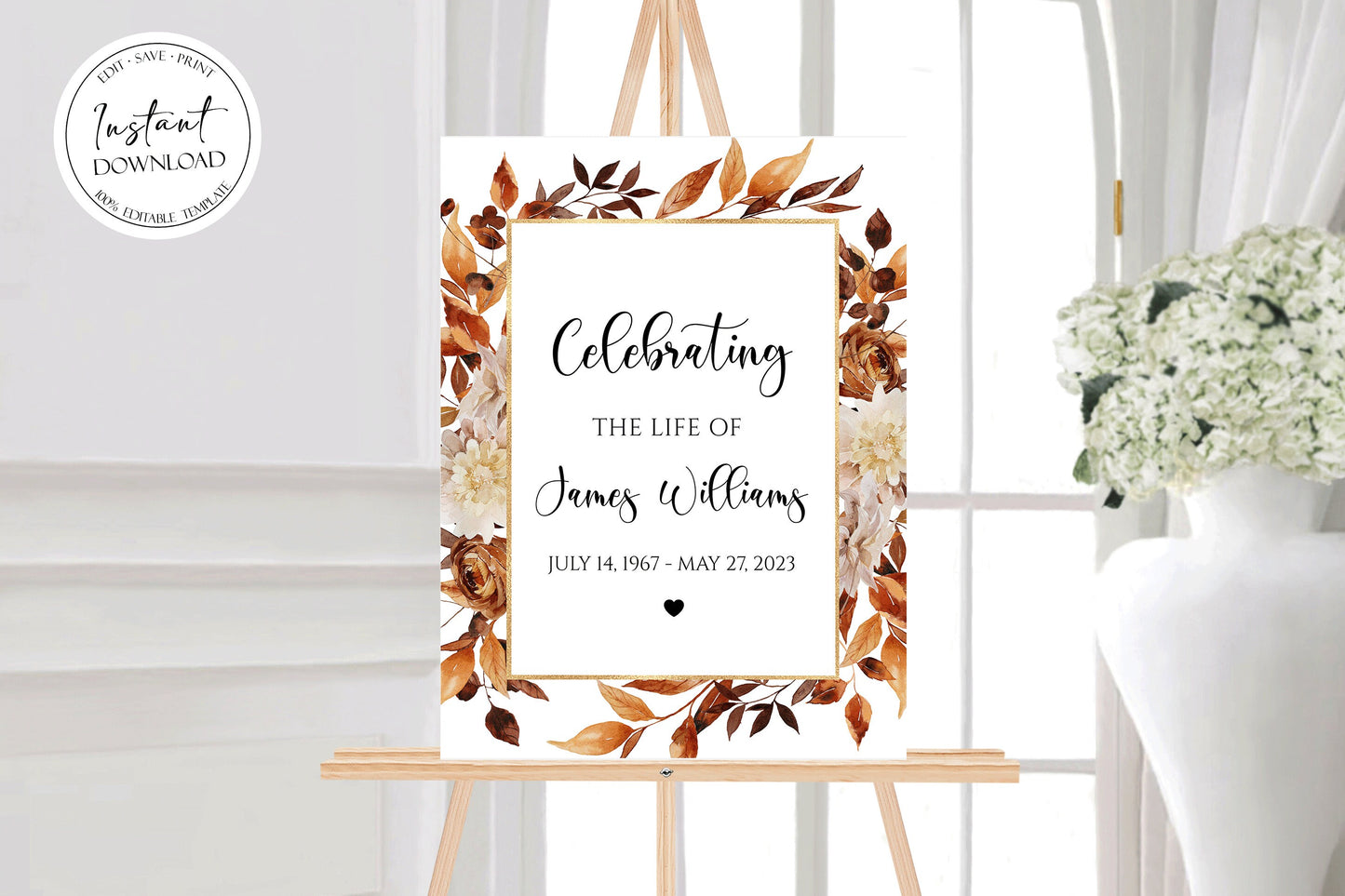 Celebration Of Life Orange Brown Dried Leaves Fall Funeral Welcome Sign Template, Dried Leaves Fall Memorial Sign, Autumn Funeral Welcome Sign