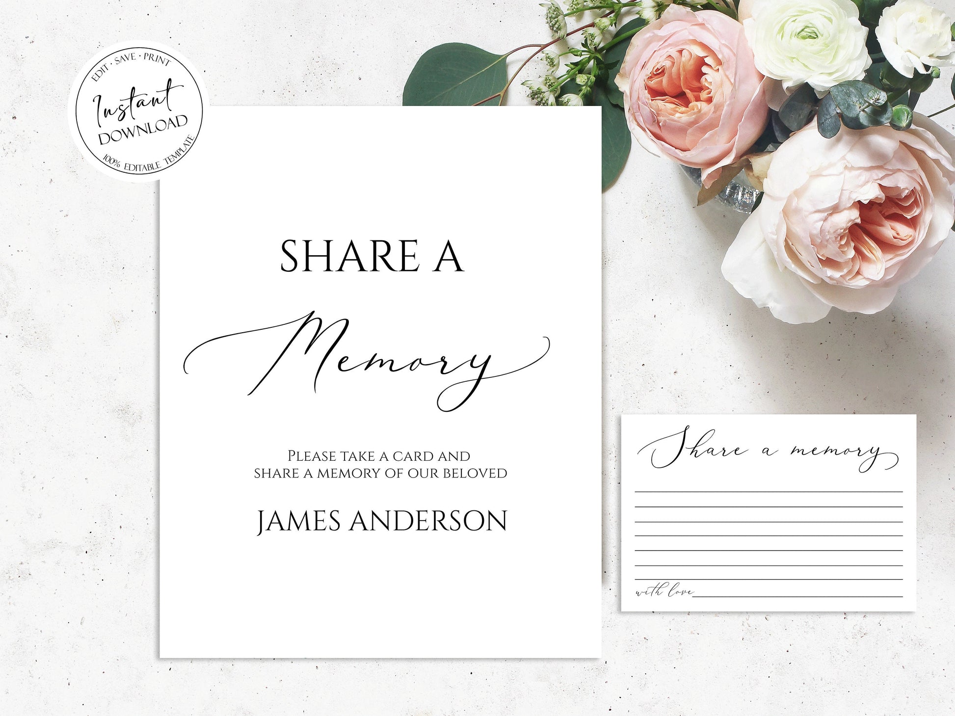 Share a Memory Funeral Sign and Share a Memory Card, Greenery Funeral Memory Card, Editable Funeral share a memory template, Funeral Announcement S1