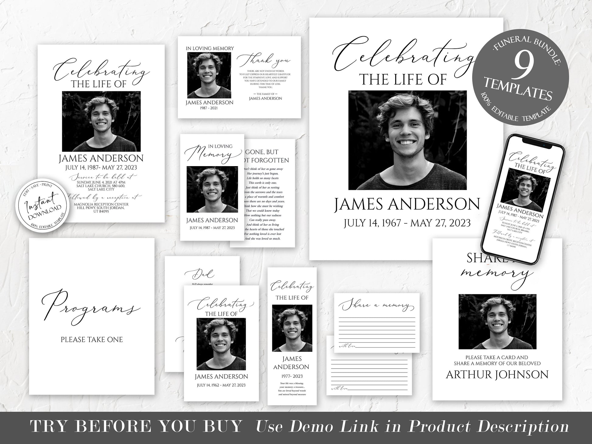 Editable Funeral Bundle, Memorial Package, Celebration of Life Templates, In Loving Memory Suite, Funeral Templates Bundle, Simple Elegant Funeral S1