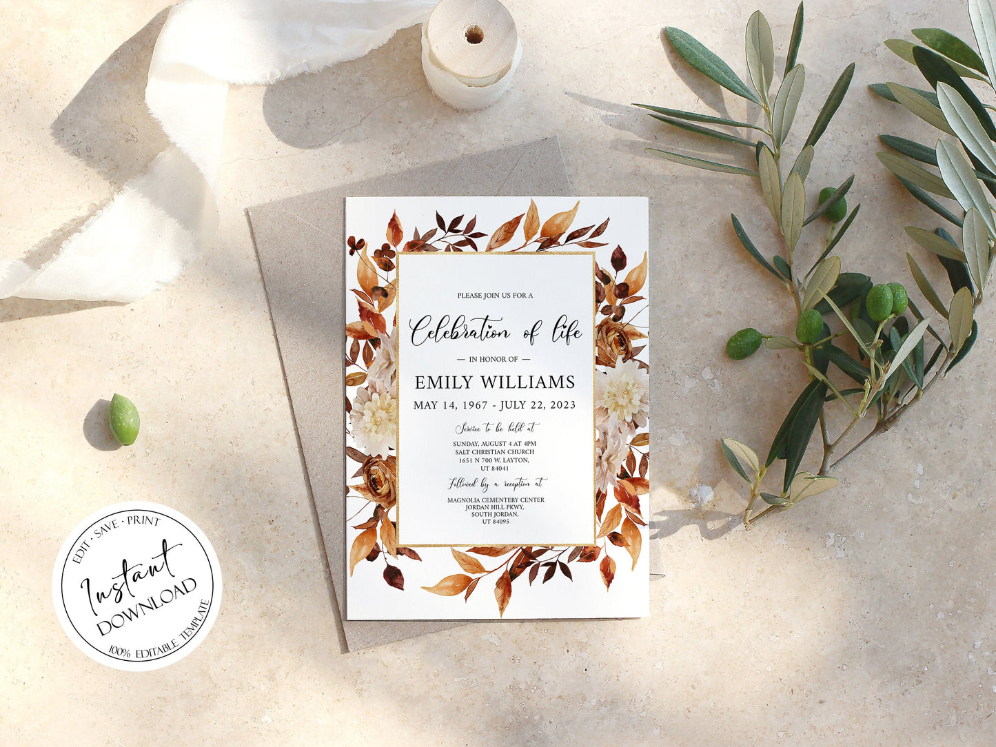 Celebration of life Orange Brown Dried Leaves Fall Funeral Invitation Template P4