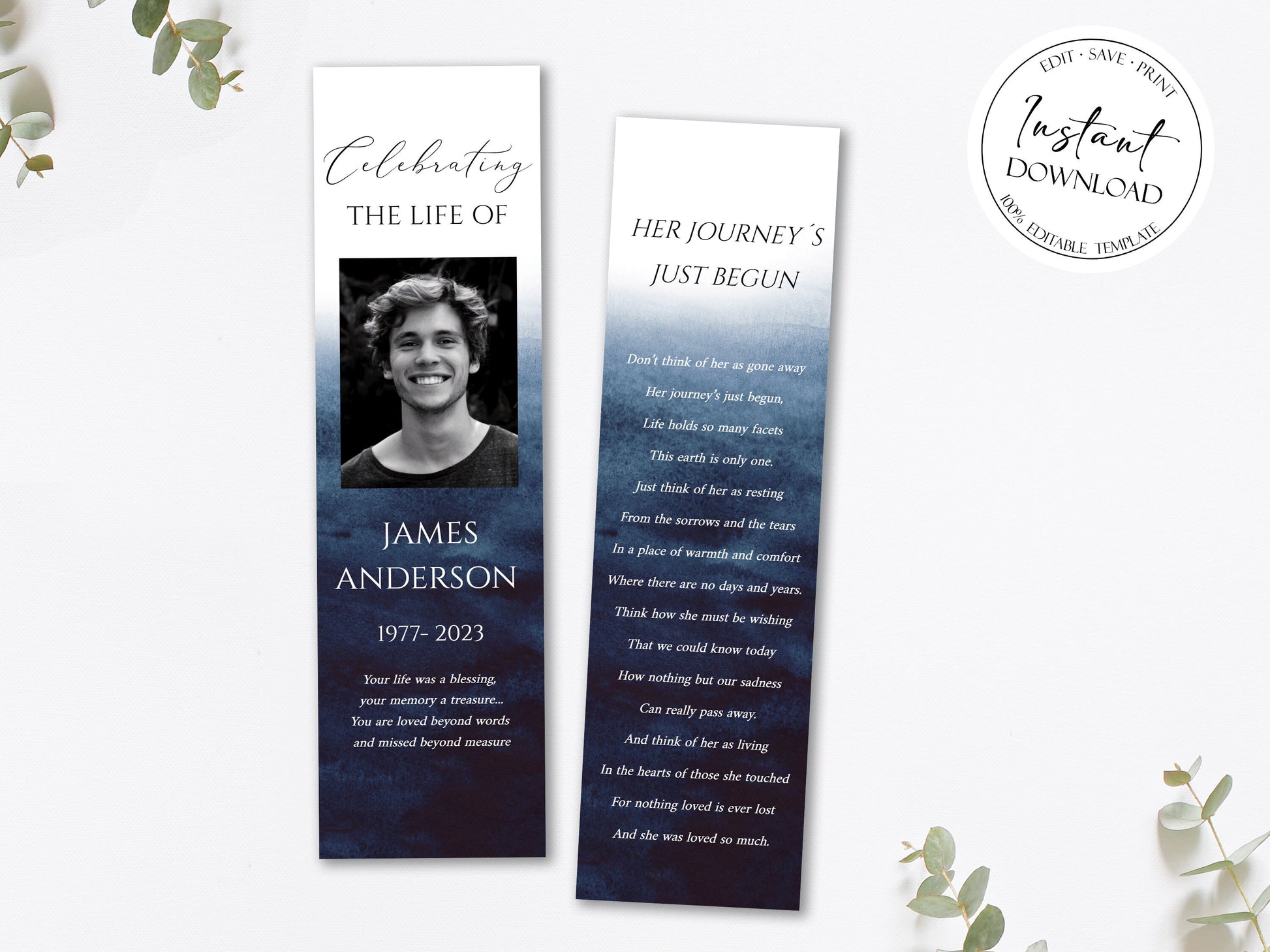 Blue Watercolor Funeral Bookmark Template, Celebration of Life Bookmark, Funeral Keepsake Cards, Ocean Memorial Bookmark, Obituary Bookmark B5