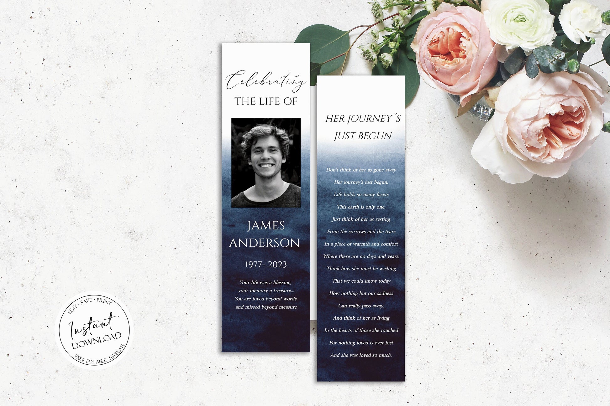 Blue Watercolor Funeral Bookmark Template, Celebration of Life Bookmark, Funeral Keepsake Cards, Ocean Memorial Bookmark, Obituary Bookmark B5