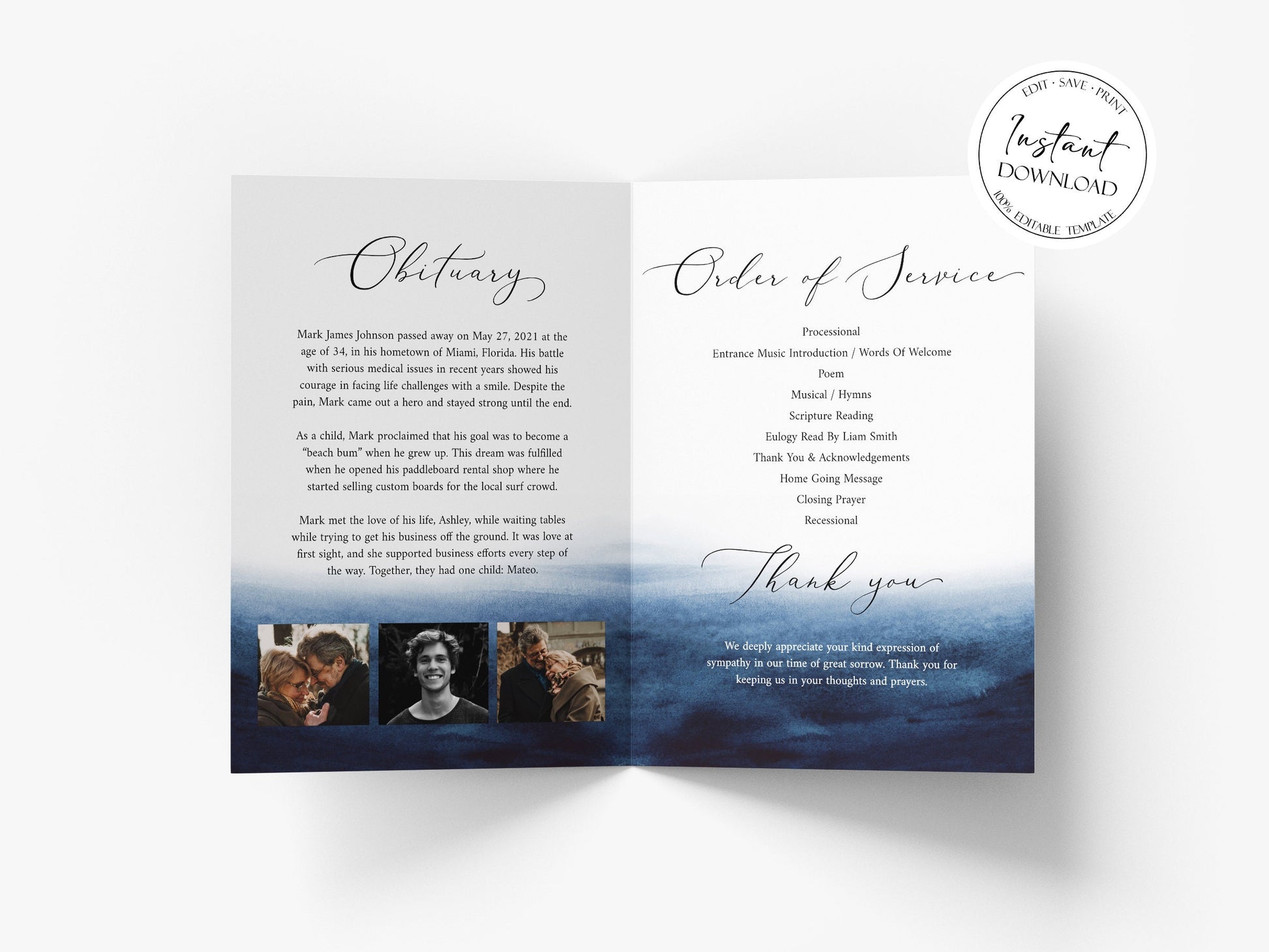 11x17 Funeral Program Template, Celebration of Life Blue Watercolor Funeral Program Ocean Memorial Program Funeral Brochure Obituary Program