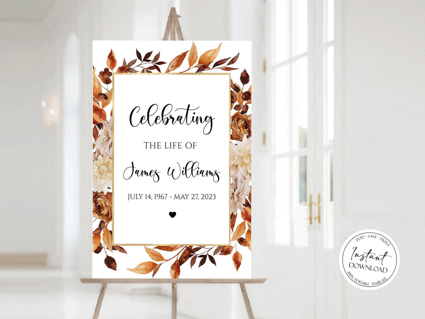 Celebration Of Life Orange Brown Dried Leaves Fall Funeral Welcome Sign Template, Dried Leaves Fall Memorial Sign, Autumn Funeral Welcome Sign