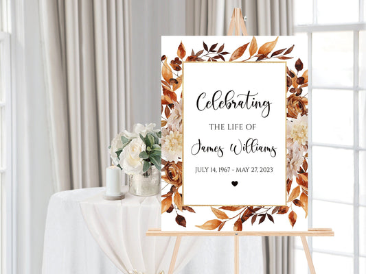 Celebration Of Life Orange Brown Dried Leaves Fall Funeral Welcome Sign Template, Dried Leaves Fall Memorial Sign, Autumn Funeral Welcome Sign