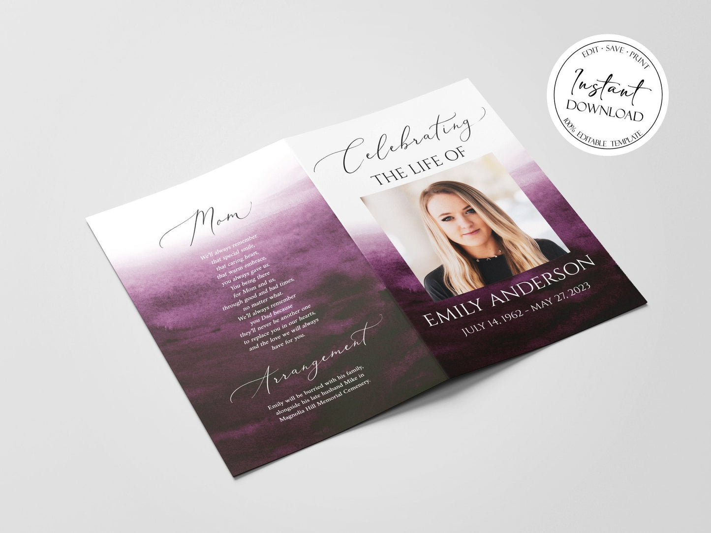 Celebration of life Pink Fuchsia Watercolor Funeral Program Template, Pink Fuchsia Watercolor Memorial Program, Obituary Program, Funeral Mass Program