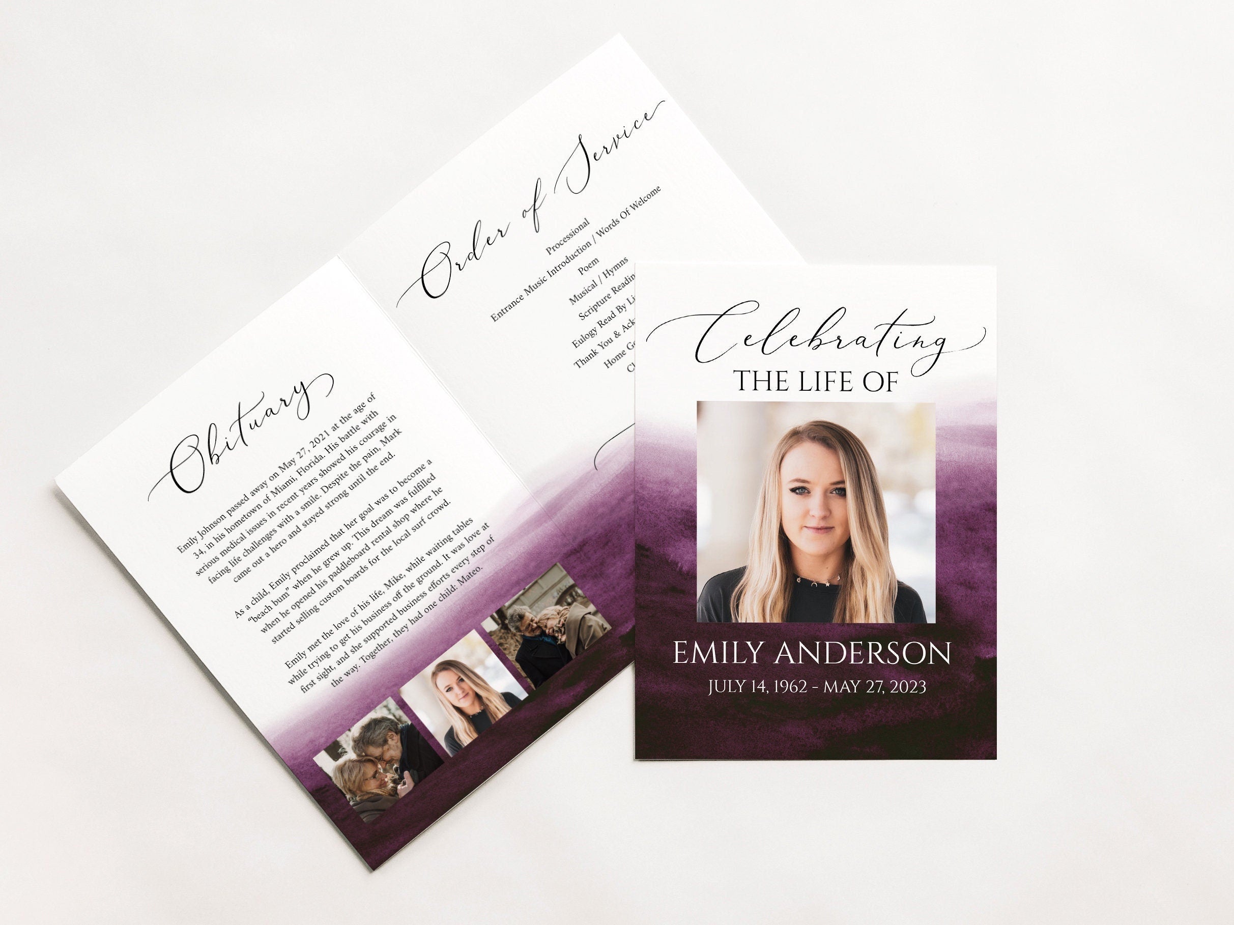 Celebration of life Pink Fuchsia Watercolor Funeral Program Template P ...